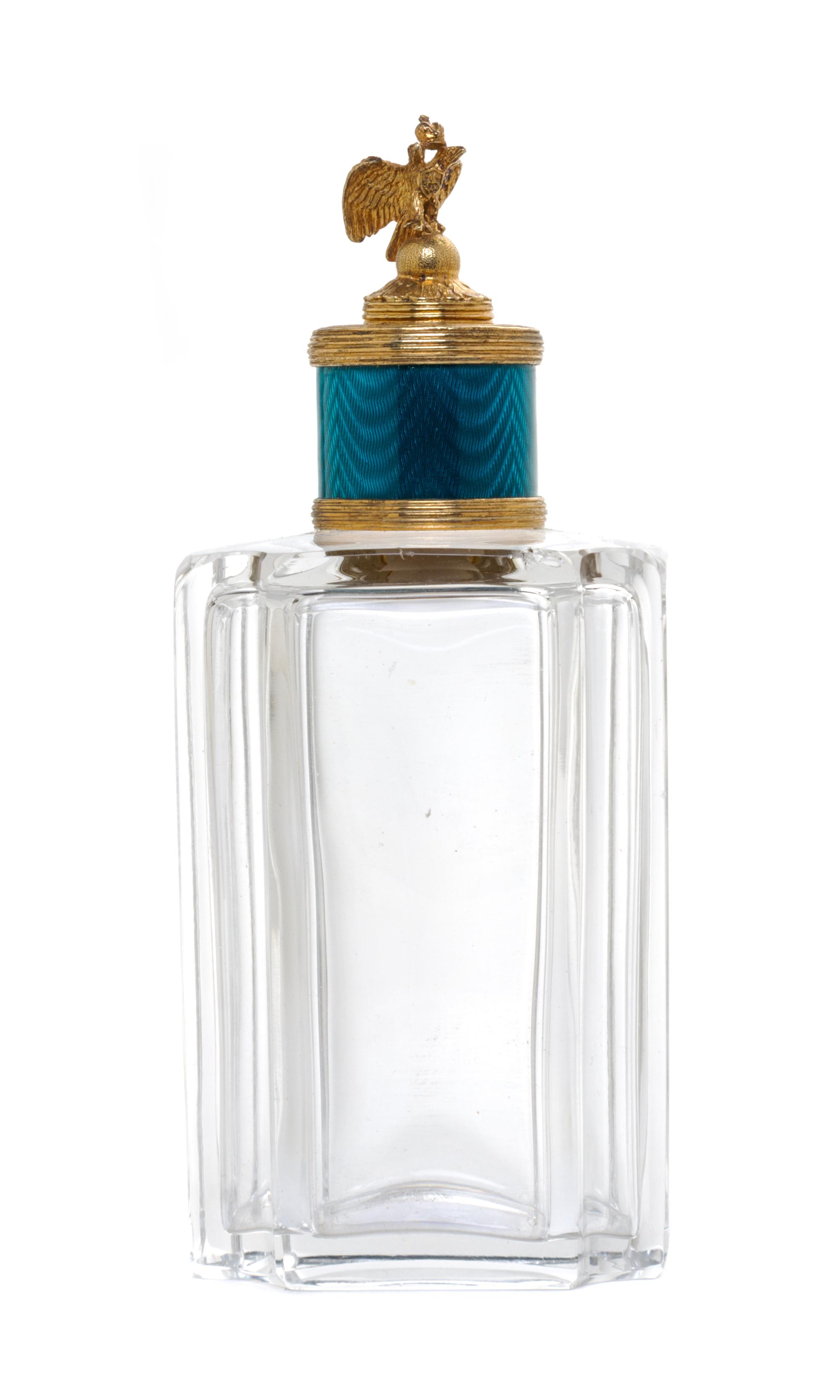 A Russian Silver-Gilt, Guilloche Enamel and Glass Scent Flask, 19th/20th Century, having a stopper with a crowned double-headed eagle f