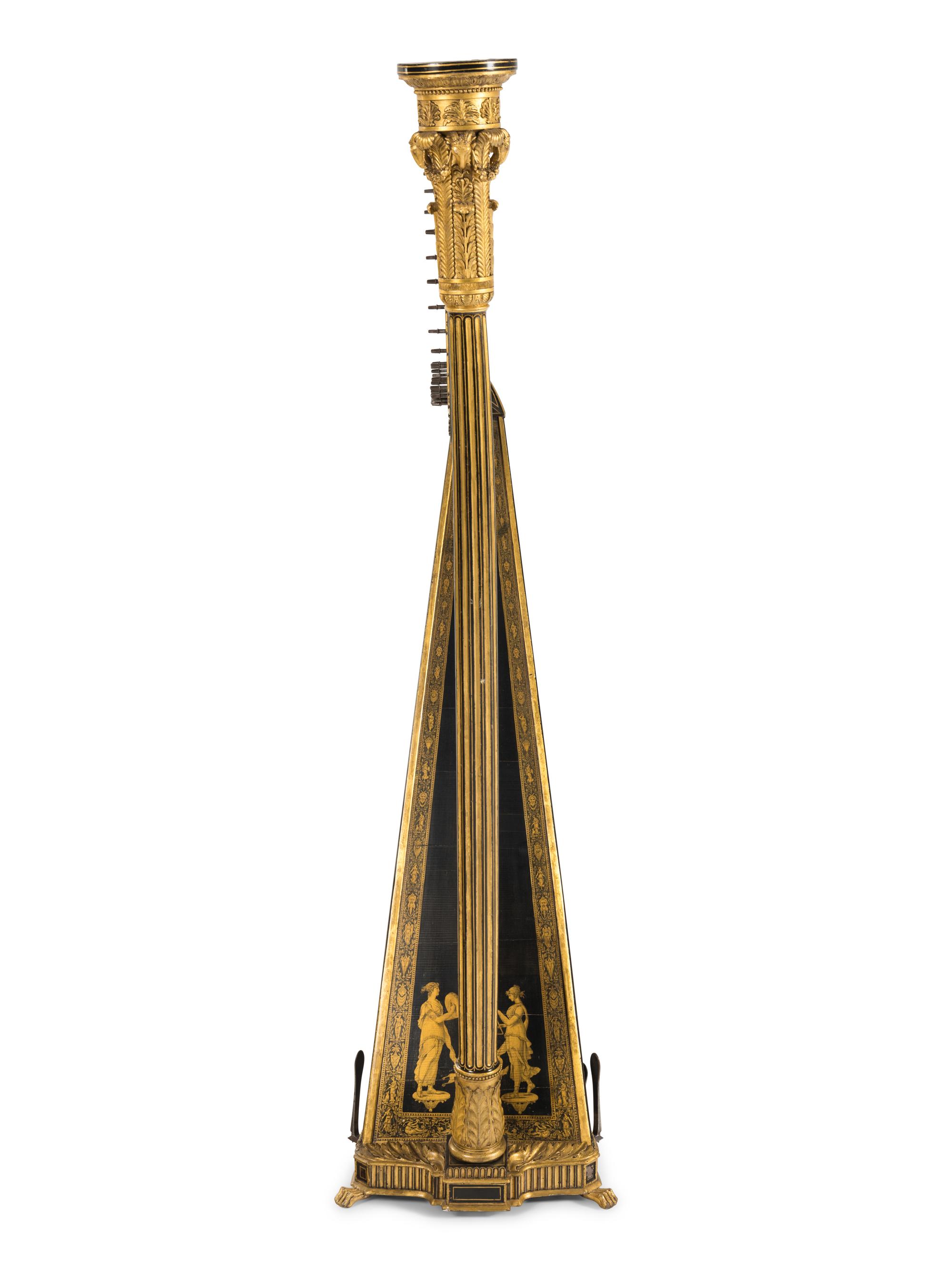 A Regency Brass Mounted, Stencil Decorated, Parcel Gilt and Ebonized Harp