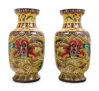 Seven Large Chinese Yellow Ground Cloisonné Enameled Vases