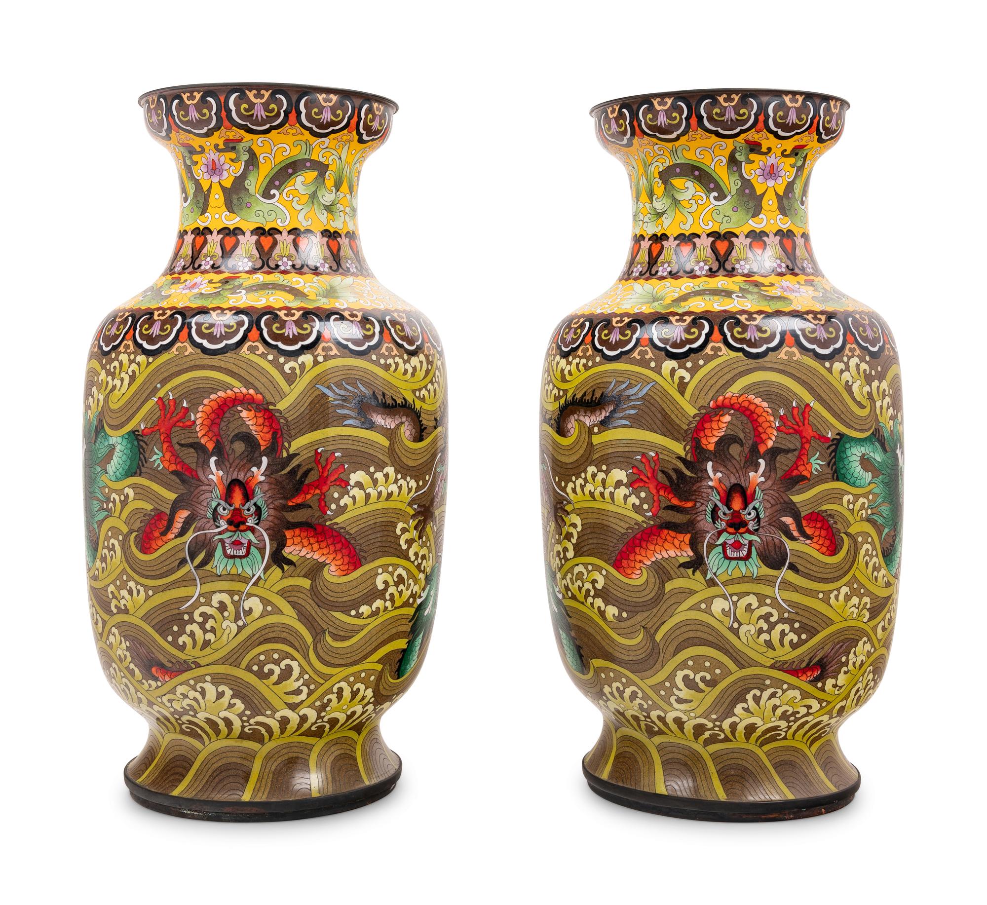 Seven Large Chinese Yellow Ground Cloisonné Enameled Vases