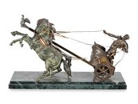 A Bronze and Patinated Metal Figural Group Depicting a Two-Horse Roman Chariot and Rider