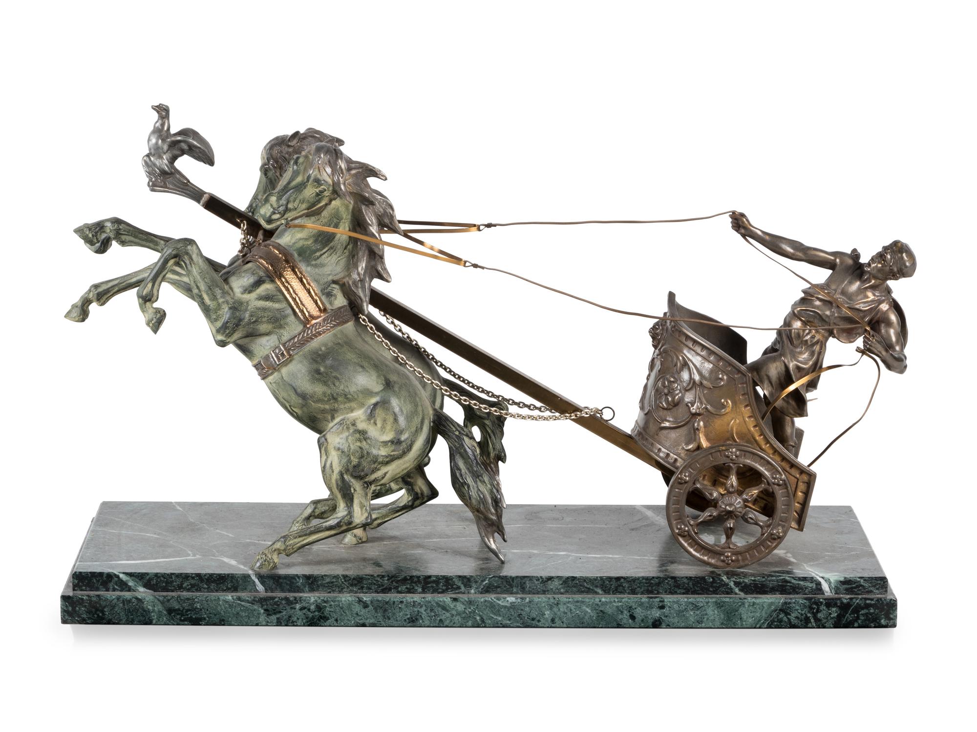 A Bronze and Patinated Metal Figural Group Depicting a Two-Horse Roman Chariot and Rider
