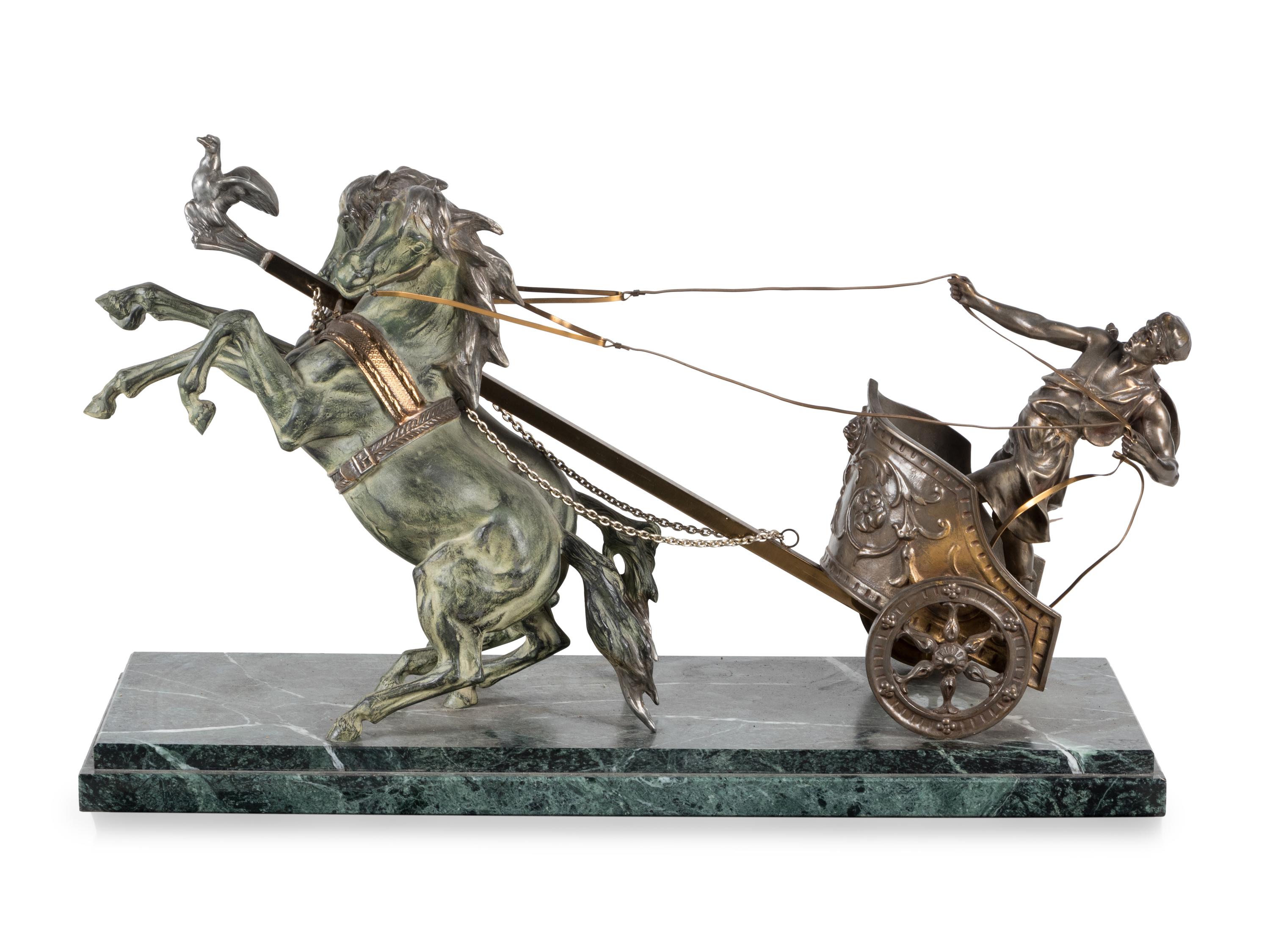 A Bronze and Patinated Metal Figural Group Depicting a Two-Horse Roman Chariot and Rider