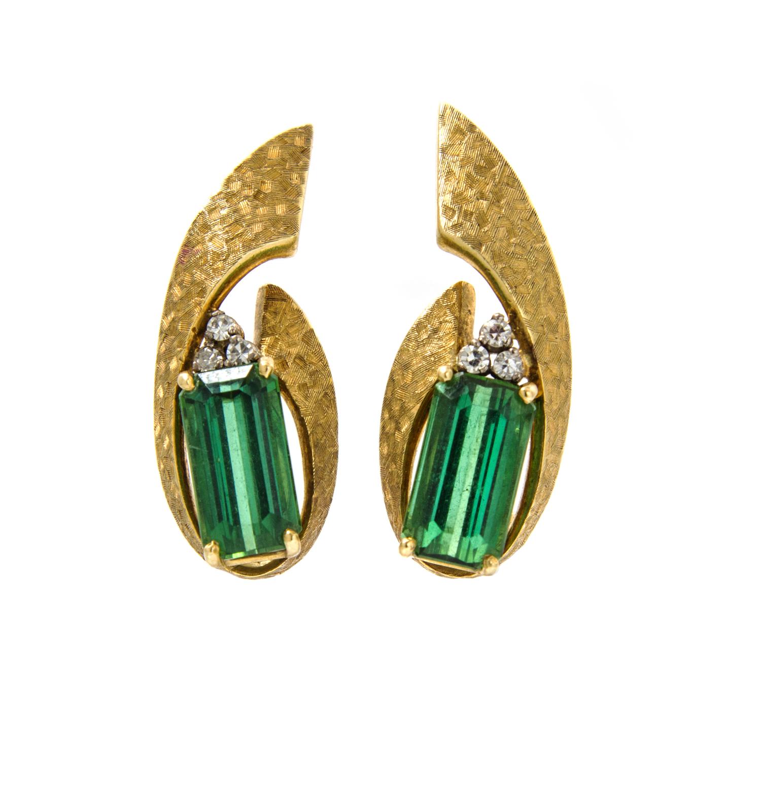 A Pair of 18 Karat Yellow Gold, Tourmaline and Diamond Earclips, 6.30 dwts.
