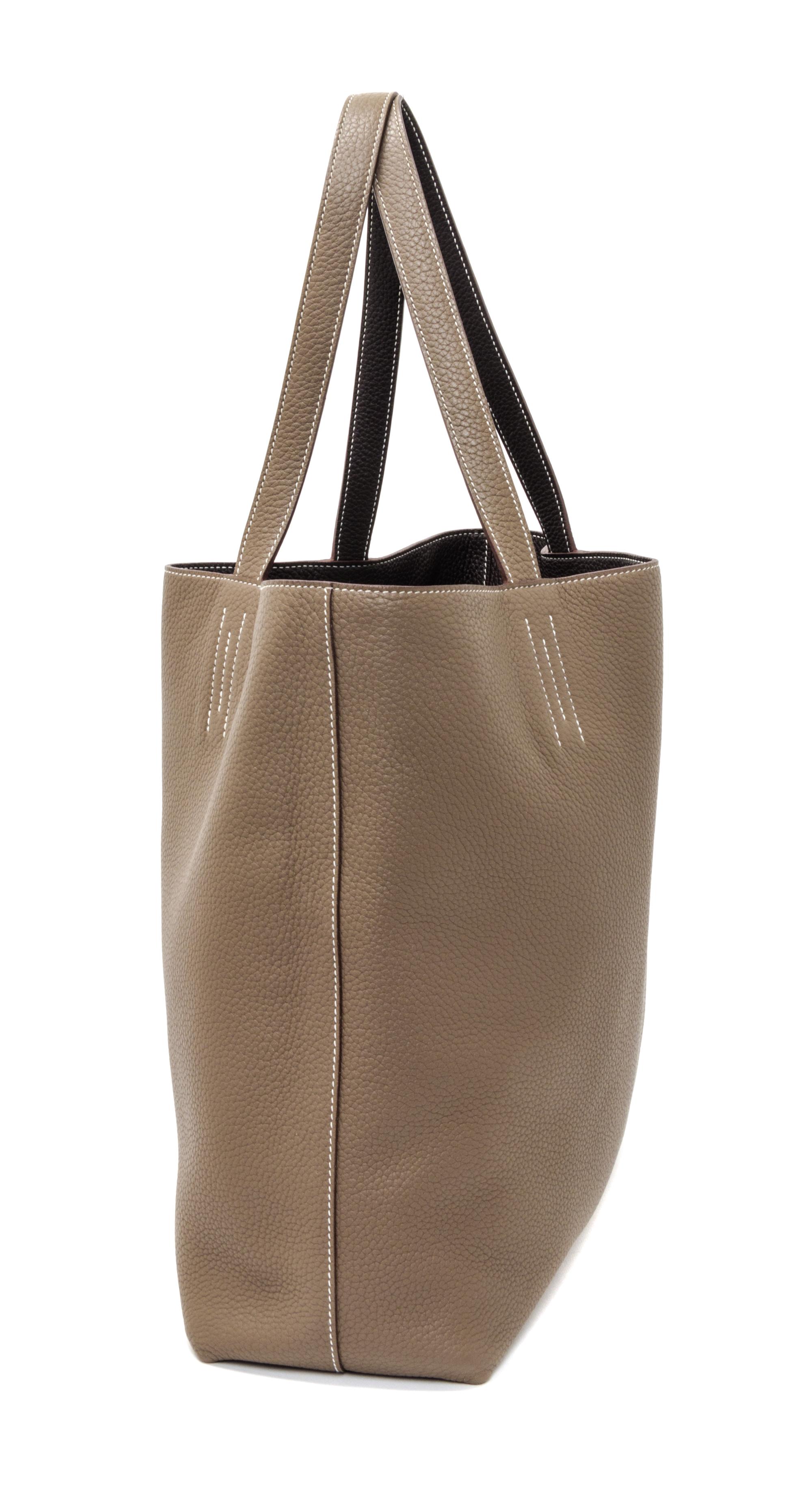 An Hermes Etoupe/Dark Brown 45cm Taurillon Clemence Double Sens Tote, 17.5" x 15.5" x 5".
