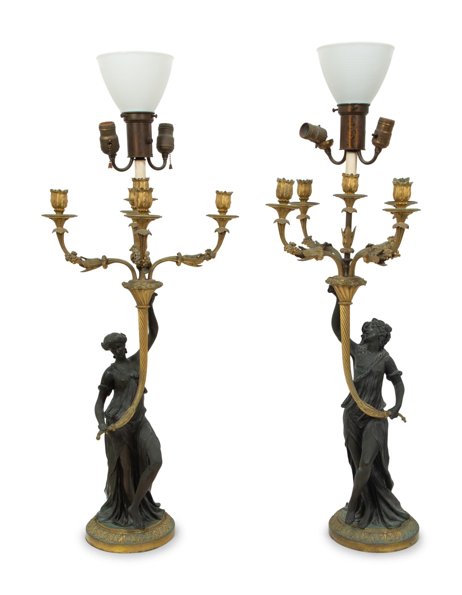 A Pair of Louis XVI Style Gilt and Patinated Bronze Figural Candelabra