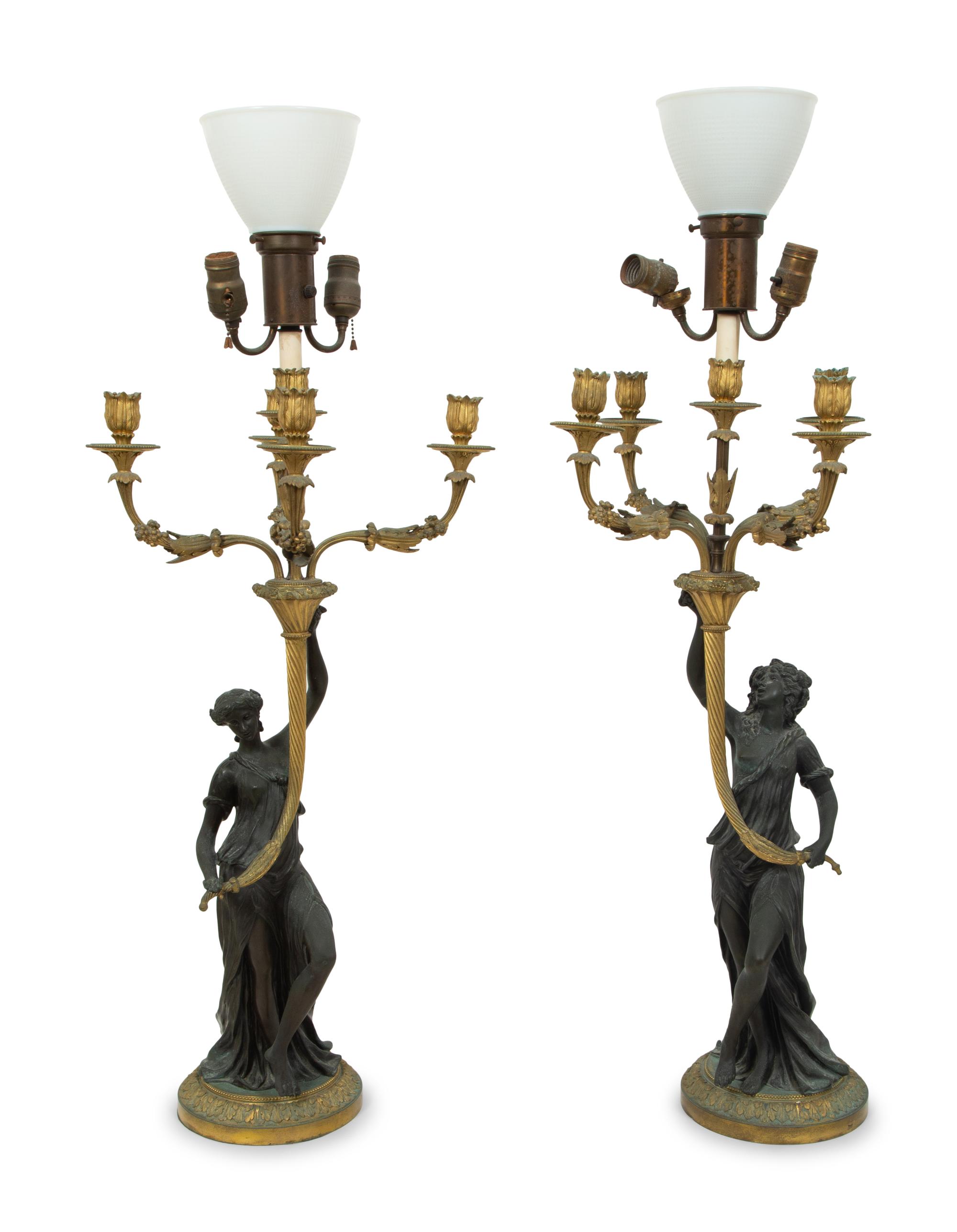 A Pair of Louis XVI Style Gilt and Patinated Bronze Figural Candelabra