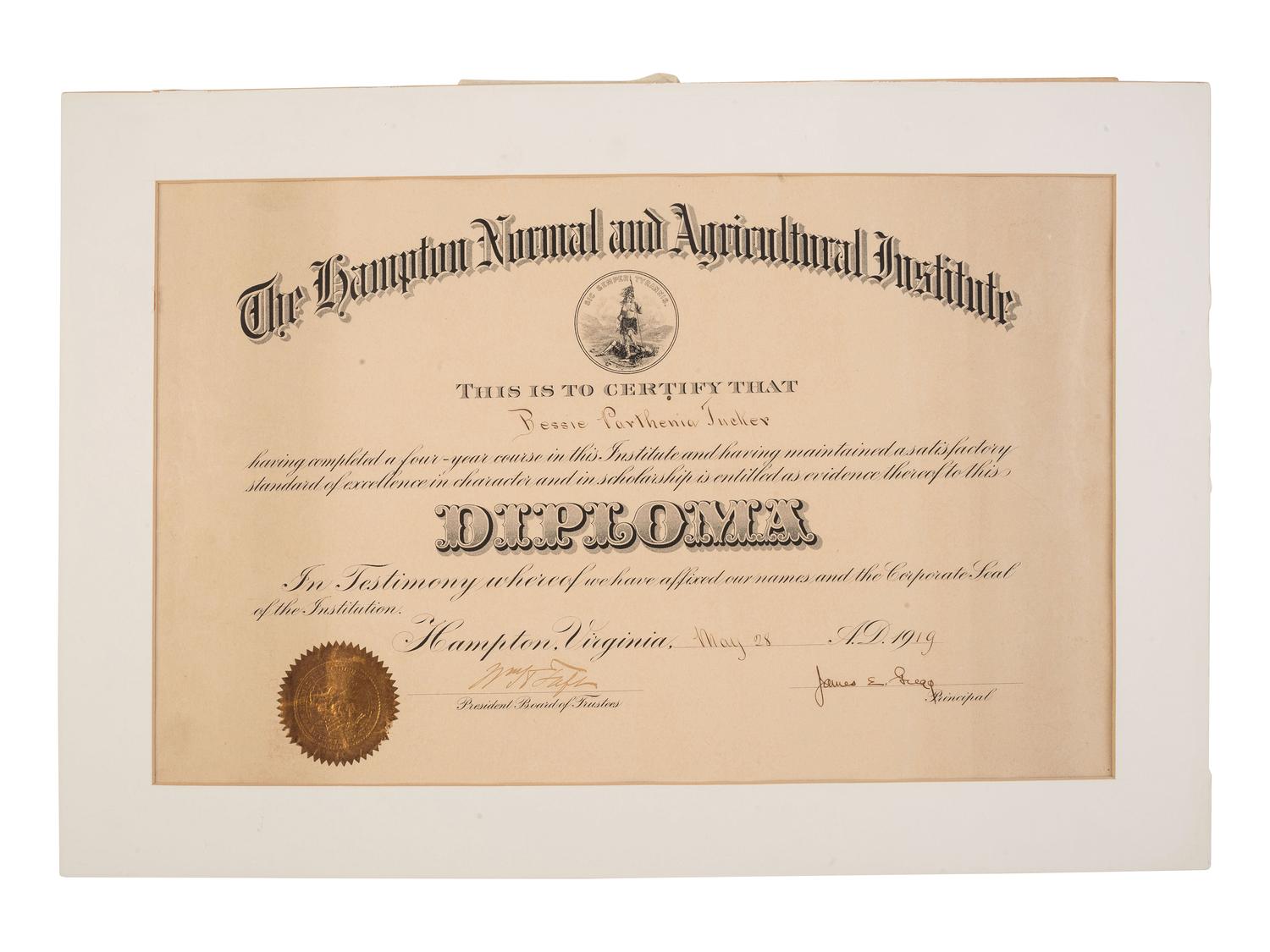 [EDUCATION]. A small collection of items related to Hampton Normal and Agricultural Institute in Virginia including a diploma signed by William H. TAFT.