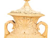 A Pair of Cast Terra Cotta Covered Garden Urns on Painted Wood Pedestals