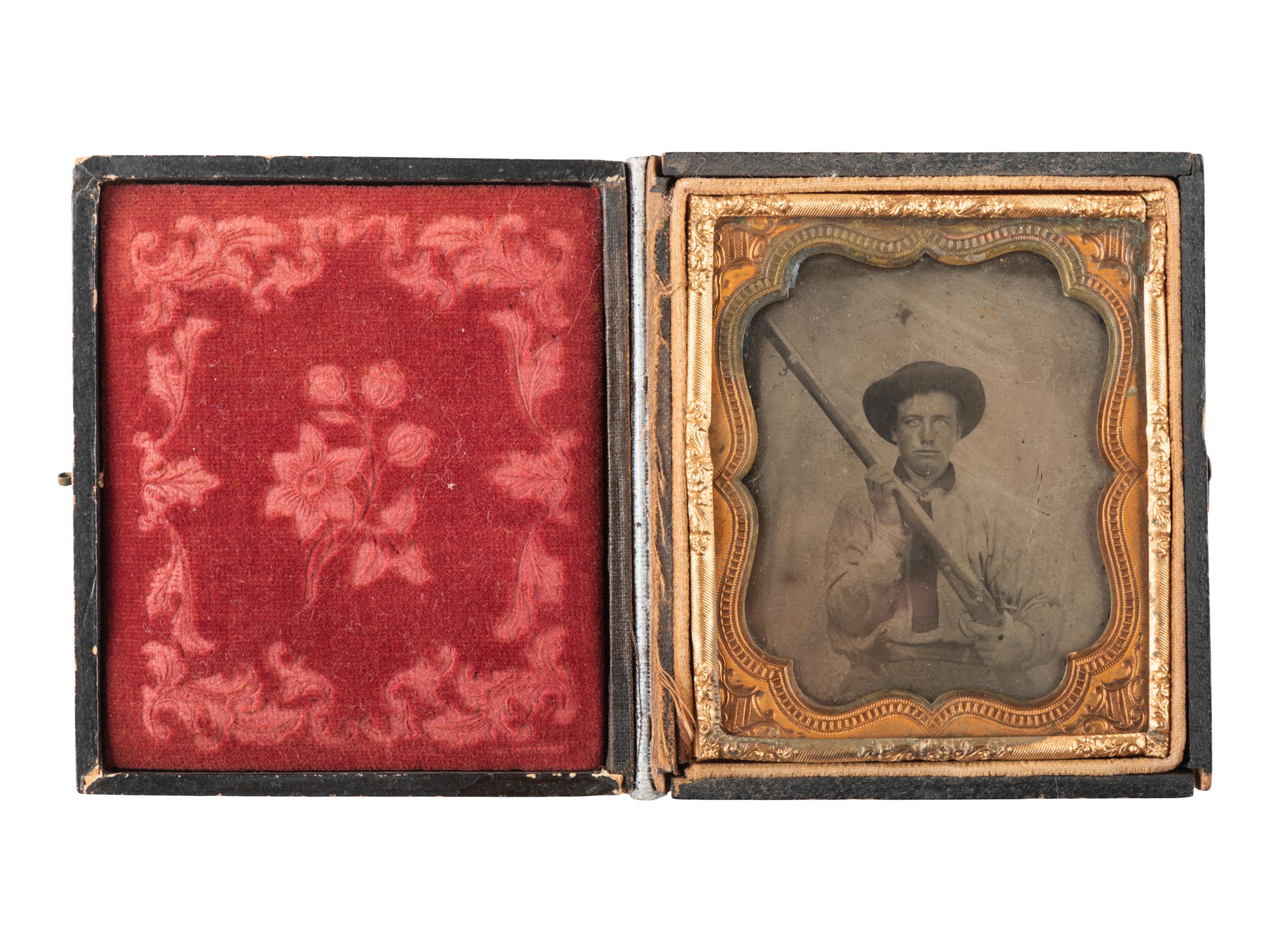 [CIVIL WAR - PHOTOGRAPHY]. Sixth plate ambrotype of an armed Confederate private. N.p.: N.p., [ca 1861-1865].