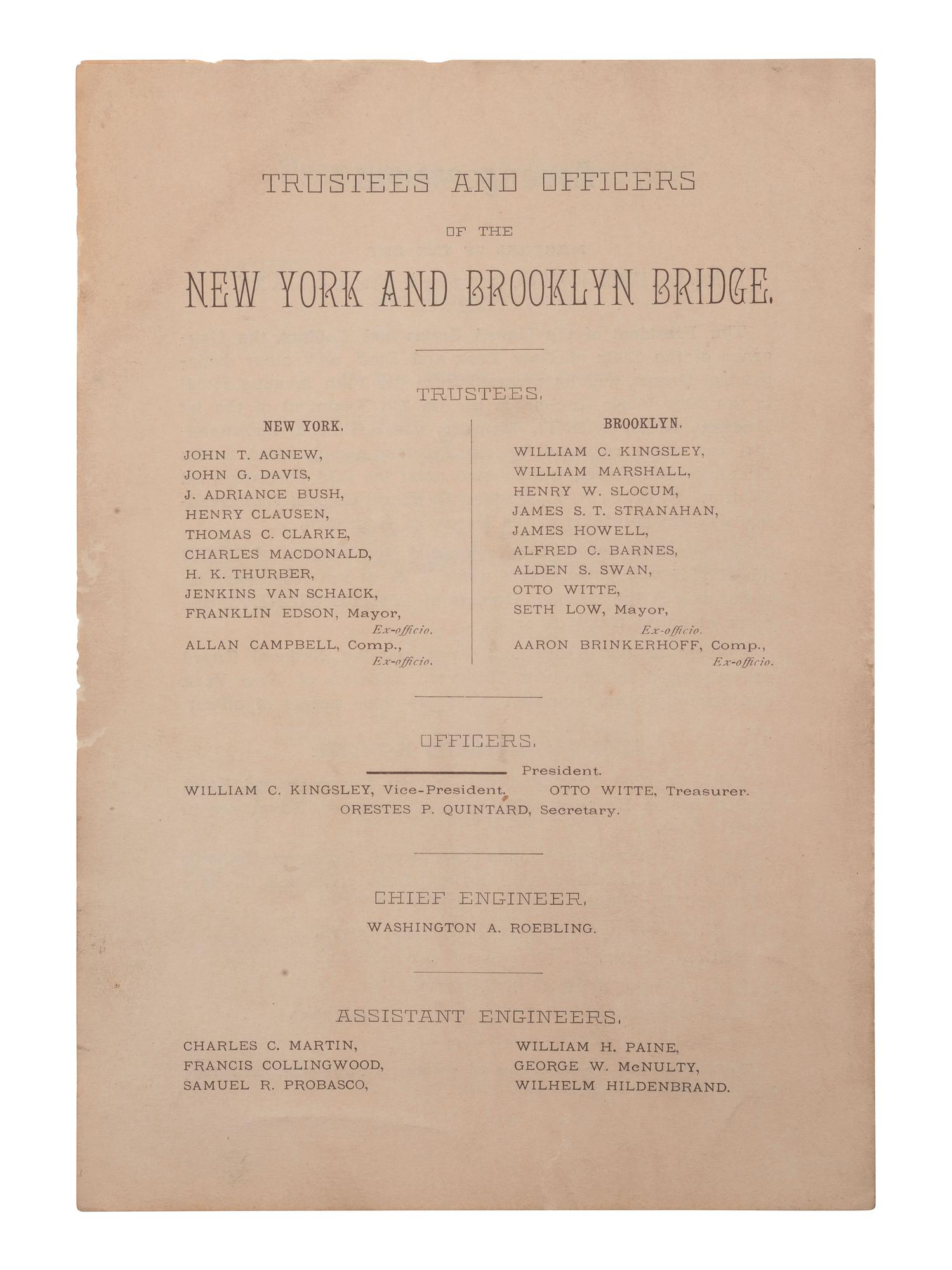 [NEW YORK]. Program and formal invitation to the "Opening Ceremonies of the New York and Brooklyn Bridge." [1883].
