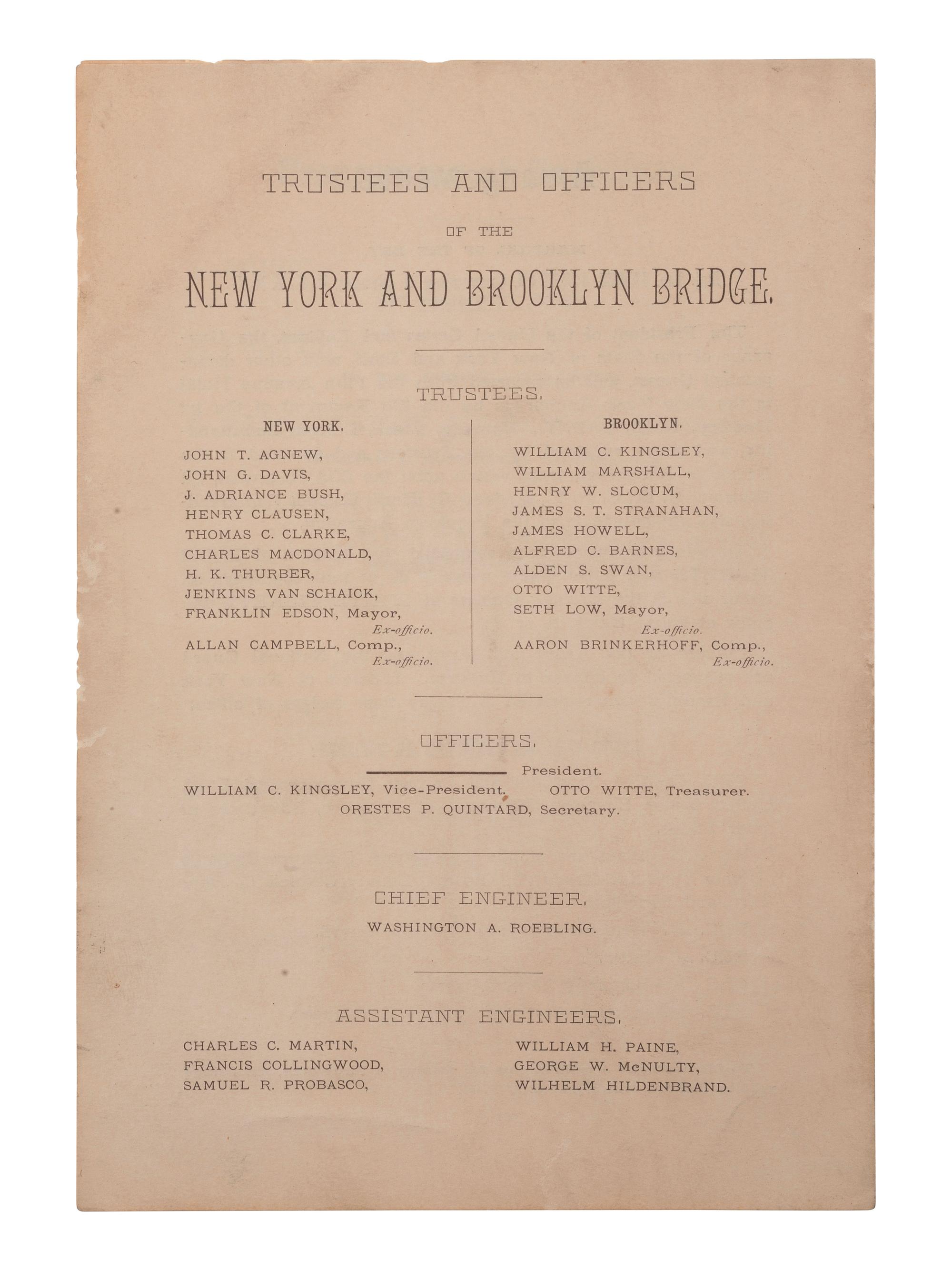 [NEW YORK]. Program and formal invitation to the "Opening Ceremonies of the New York and Brooklyn Bridge." [1883].