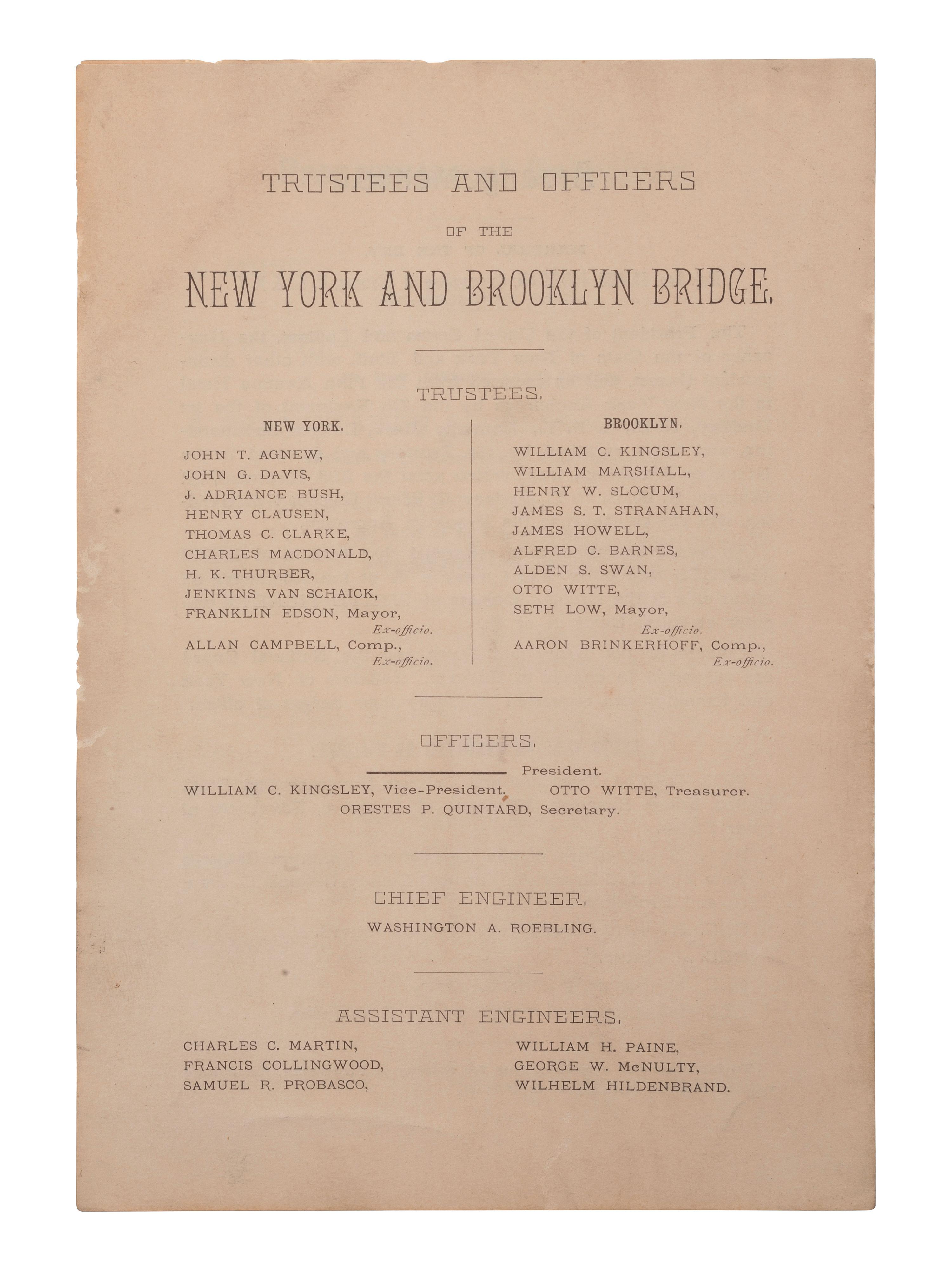 [NEW YORK]. Program and formal invitation to the "Opening Ceremonies of the New York and Brooklyn Bridge." [1883].
