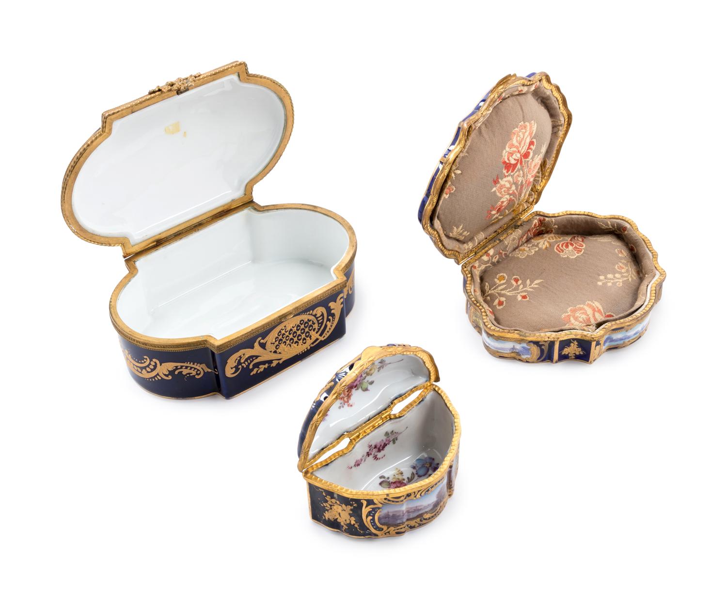 Three Sèvres Style Gilt Metal Mounted Painted and Parcel Gilt Porcelain Boxes