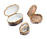 Three Sèvres Style Gilt Metal Mounted Painted and Parcel Gilt Porcelain Boxes