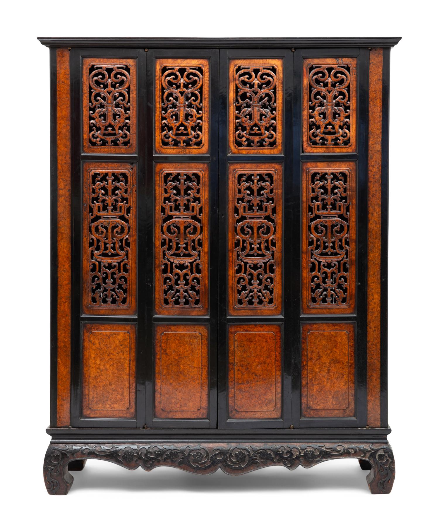 A Chinese Part-Ebonized Burlwood Cupboard