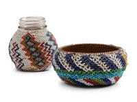 Paiute Beaded Basket and Glass Bottle