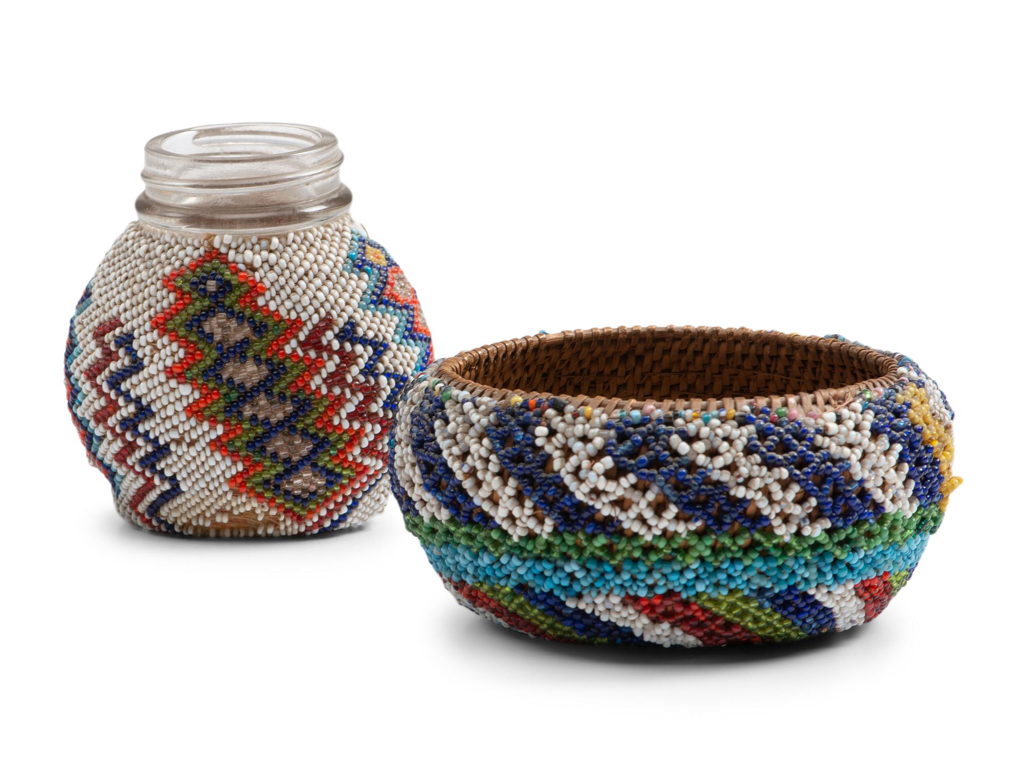Paiute Beaded Basket and Glass Bottle