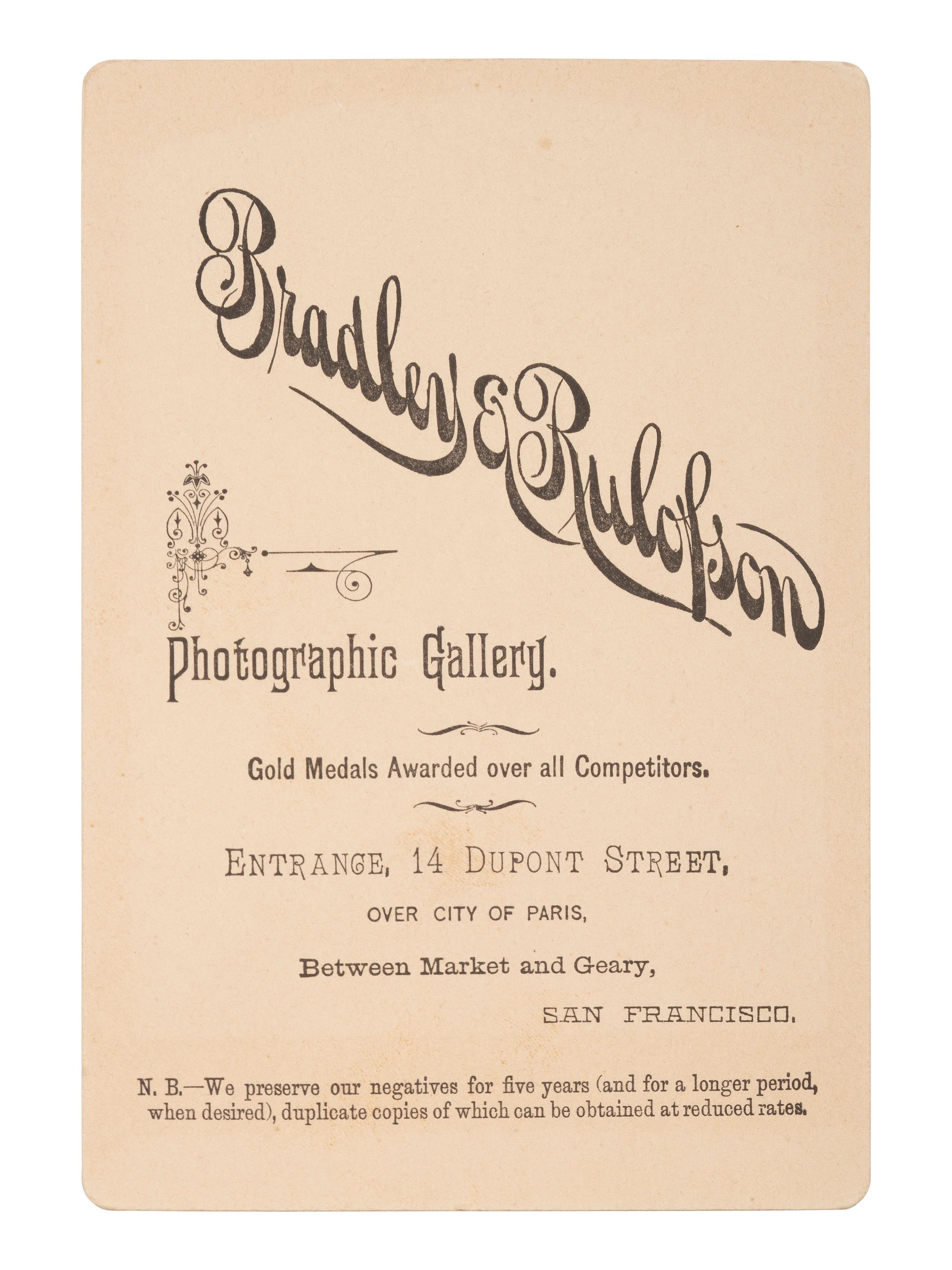 [WESTERN AMERICANA - CALIFORNIA]. BRADLEY & RULOFSON, photographers. Cabinet card of John A. Sutter. Sacramento, CA, 1884.