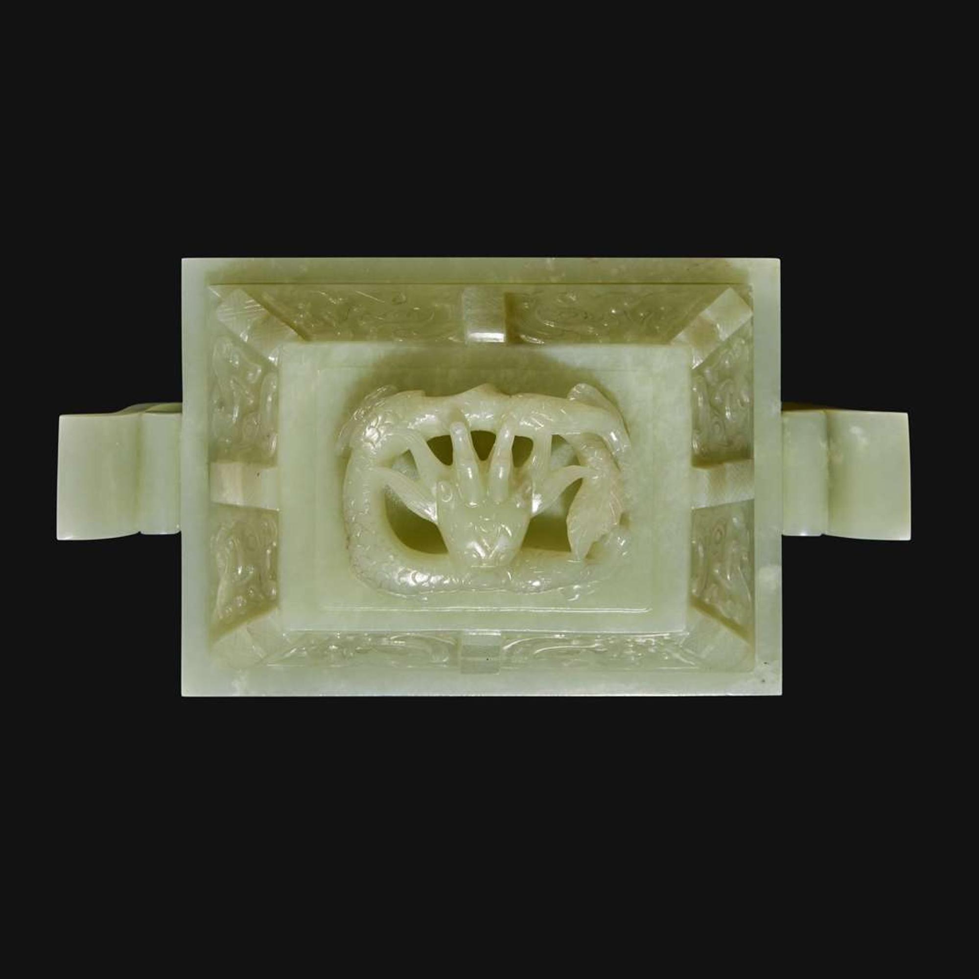 A Chinese carved pale celadon jade censer and cover, Fang Ding
