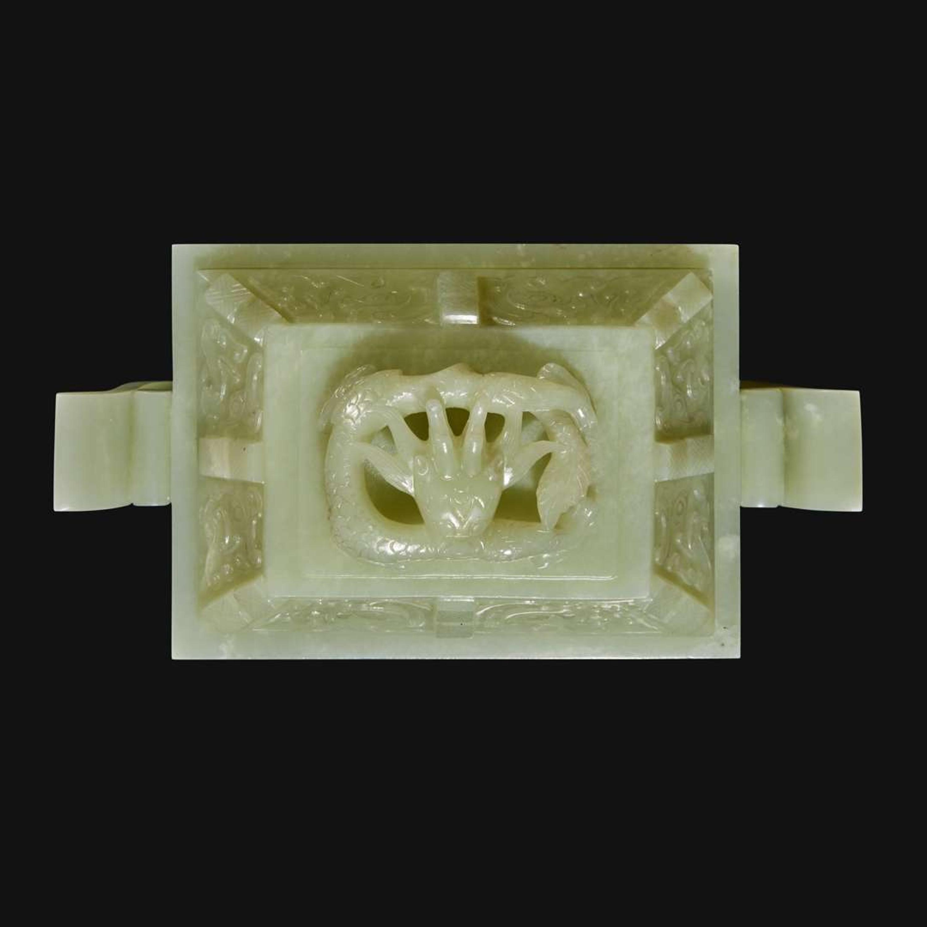 A Chinese carved pale celadon jade censer and cover, Fang Ding