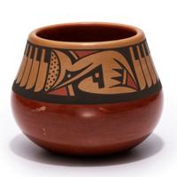 Red and Sienna Pottery Jar, with Repeating Feathers