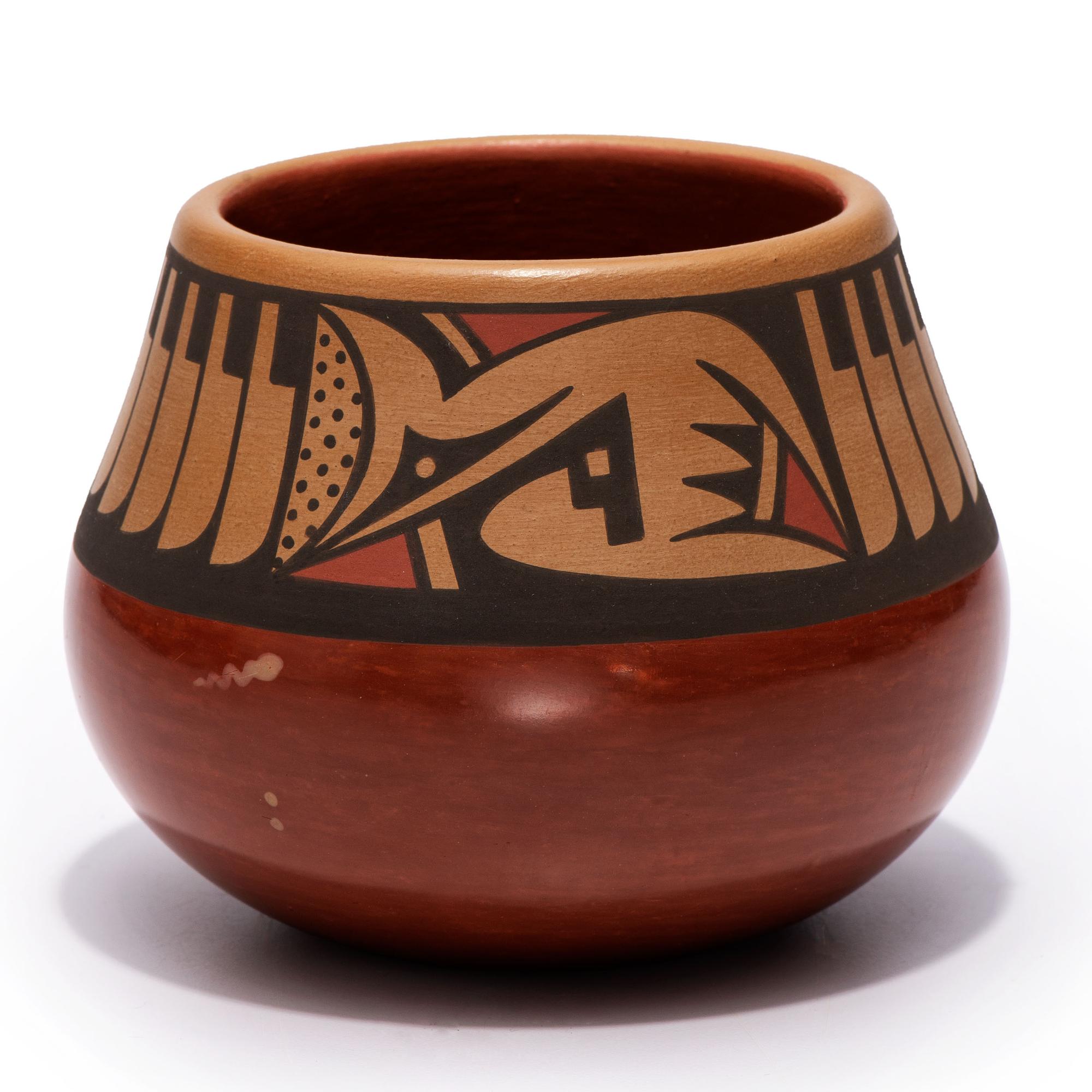 Red and Sienna Pottery Jar, with Repeating Feathers