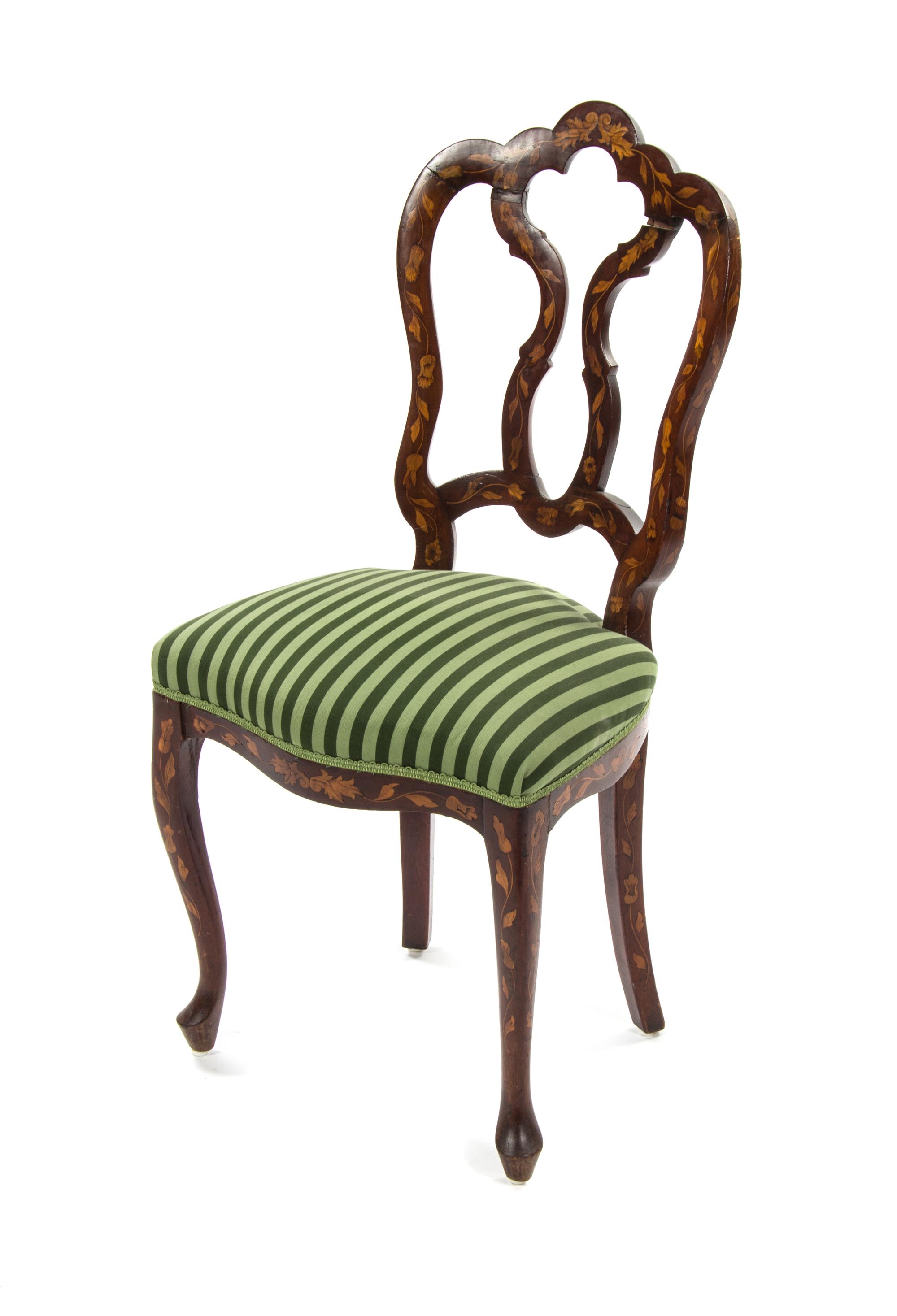 A Dutch Marquetry Side Chair, Height 39 inches.