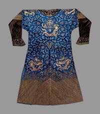 A Chinese Blue Ground Embroidered Silk Dragon Robe