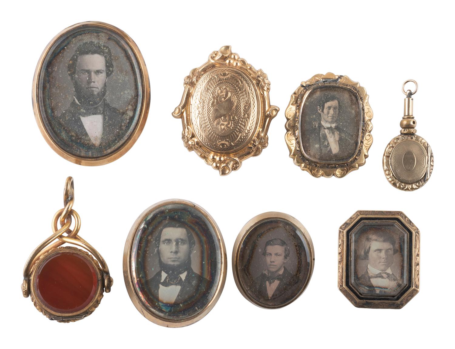 [EARLY PHOTOGRAPHY]. 15 assorted pieces of daguerreian jewelry containing 15 daguerreotypes.