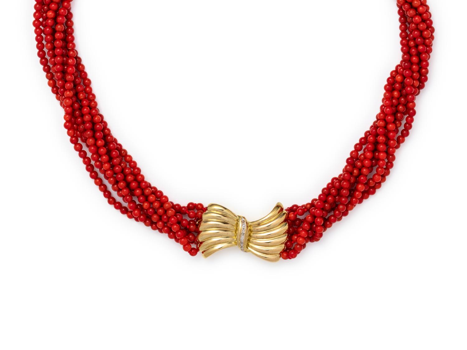 YELLOW GOLD AND CORAL TORSADE NECKLACE