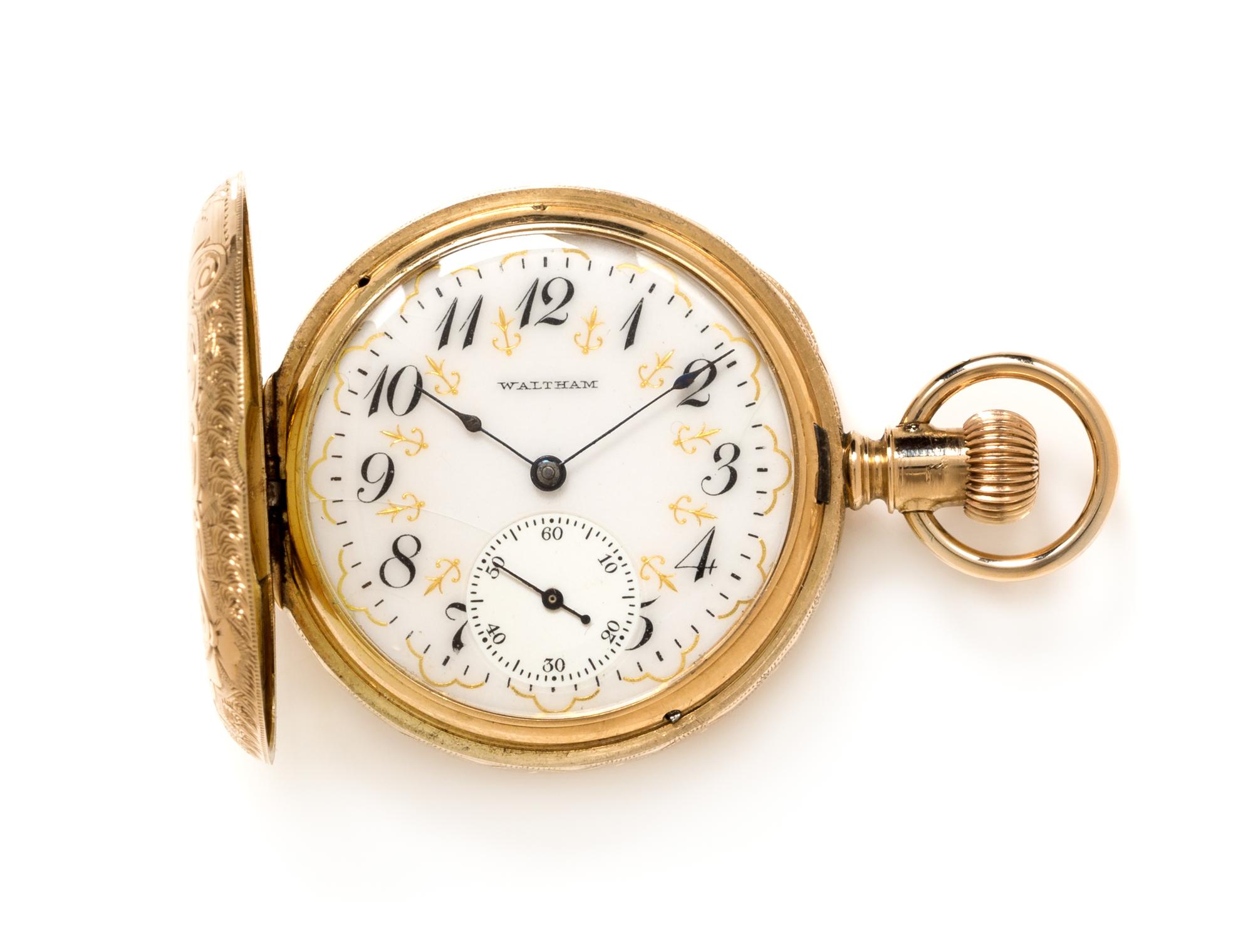 A 14 Karat Yellow Gold Hunter Case Pocket Watch, Waltham, Circa 1892, 33.80 dwts.