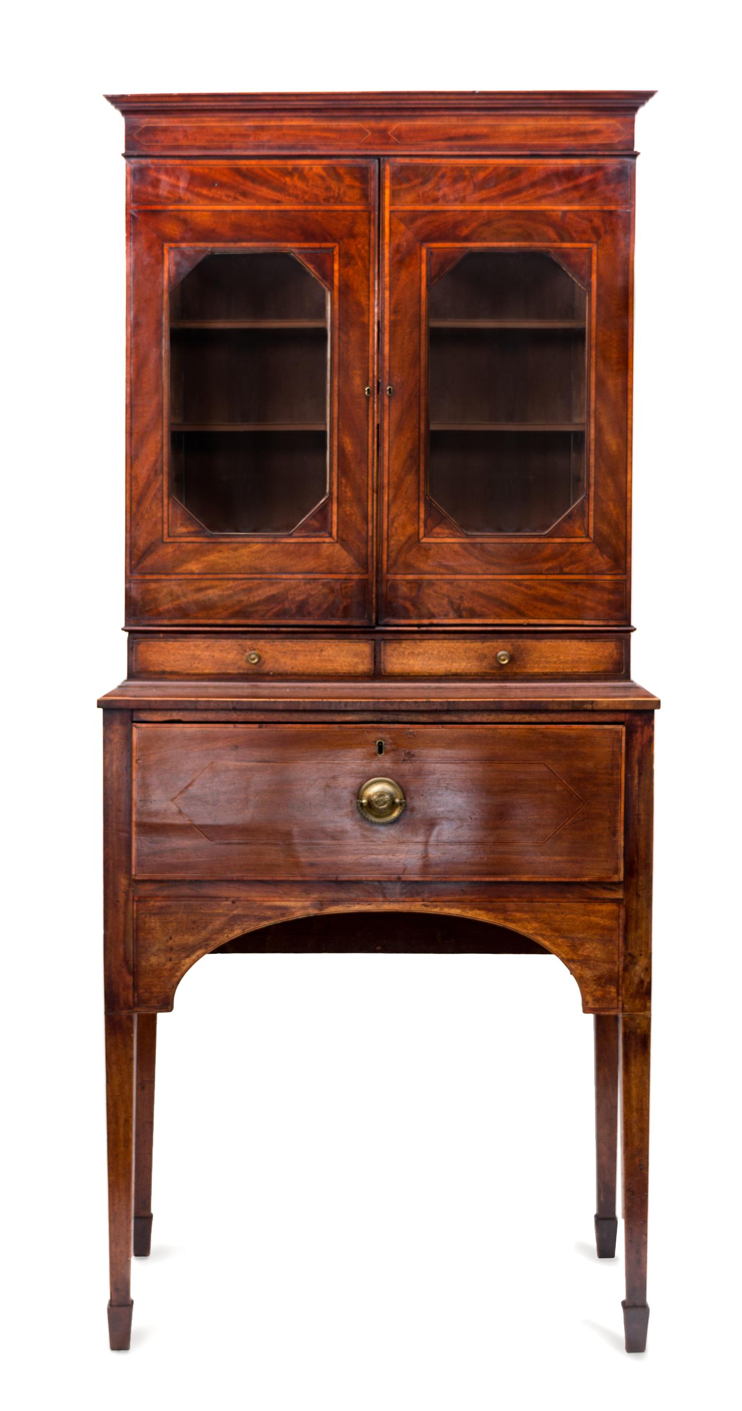 A Regency Mahogany and Line-Inlaid Secretary Cabinet-On-Stand Height 77 x width 33 1/2 x depth 18 inches. — EARLY 19TH CENTURY