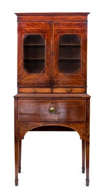 A Regency Mahogany and Line-Inlaid Secretary Cabinet-On-Stand Height 77 x width 33 1/2 x depth 18 inches. — EARLY 19TH CENTURY