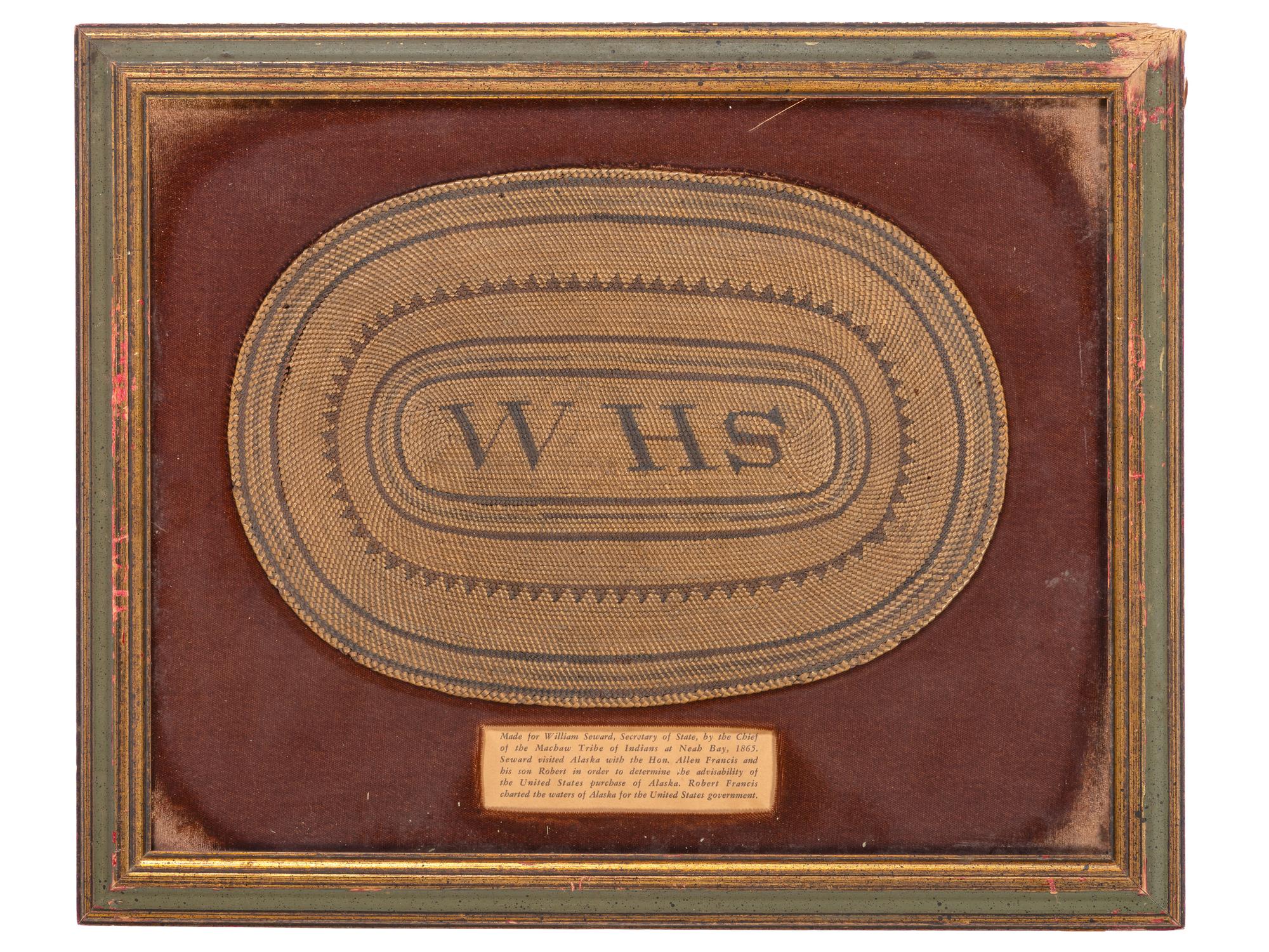 [ALASKA PURCHASE]. Two woven mats presented to Wm. Henry Seward and Allen B. Francis, US Consul to British Columbia by the Chief of the Makah tribe at Neah Bay in 1865.