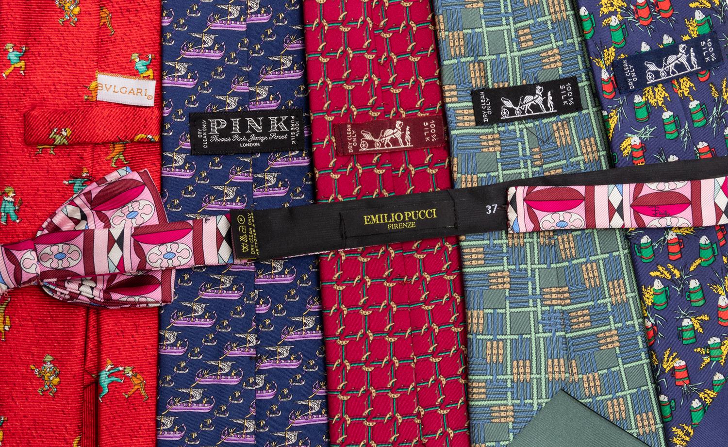 A Group of Men's Ties: One Bvlgari, One Thomas Pink, Three Hermès, One Pucci Bowtie