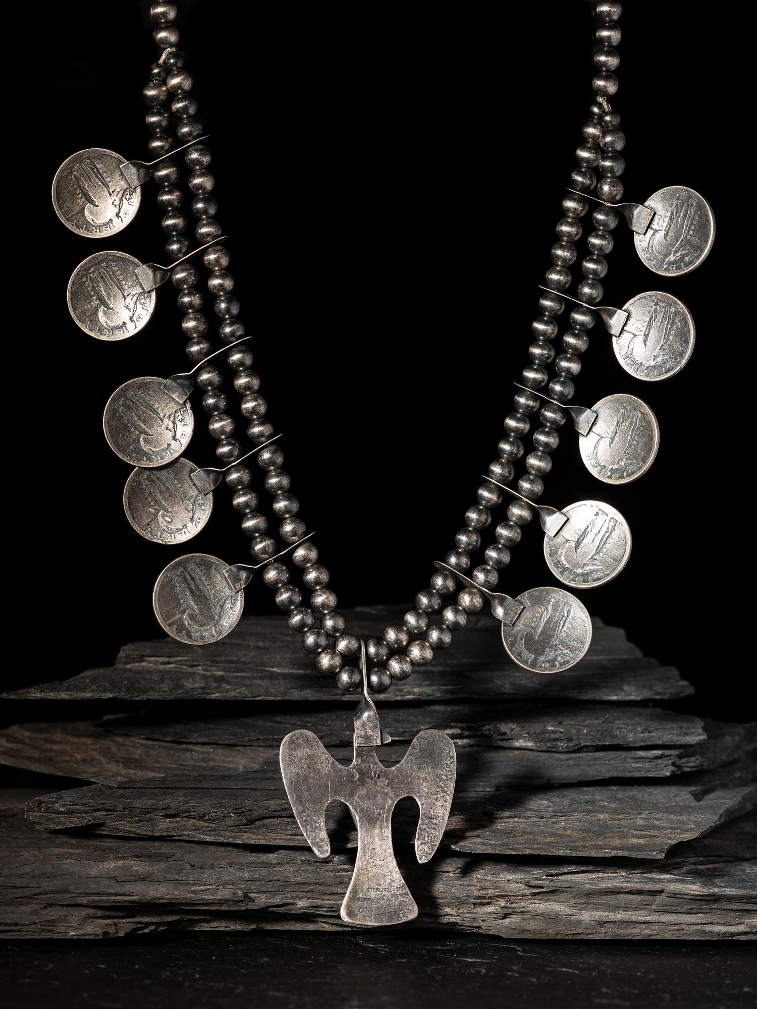 Taos Coin Silver Thunderbird Squash Blossom Necklace