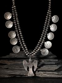 Taos Coin Silver Thunderbird Squash Blossom Necklace