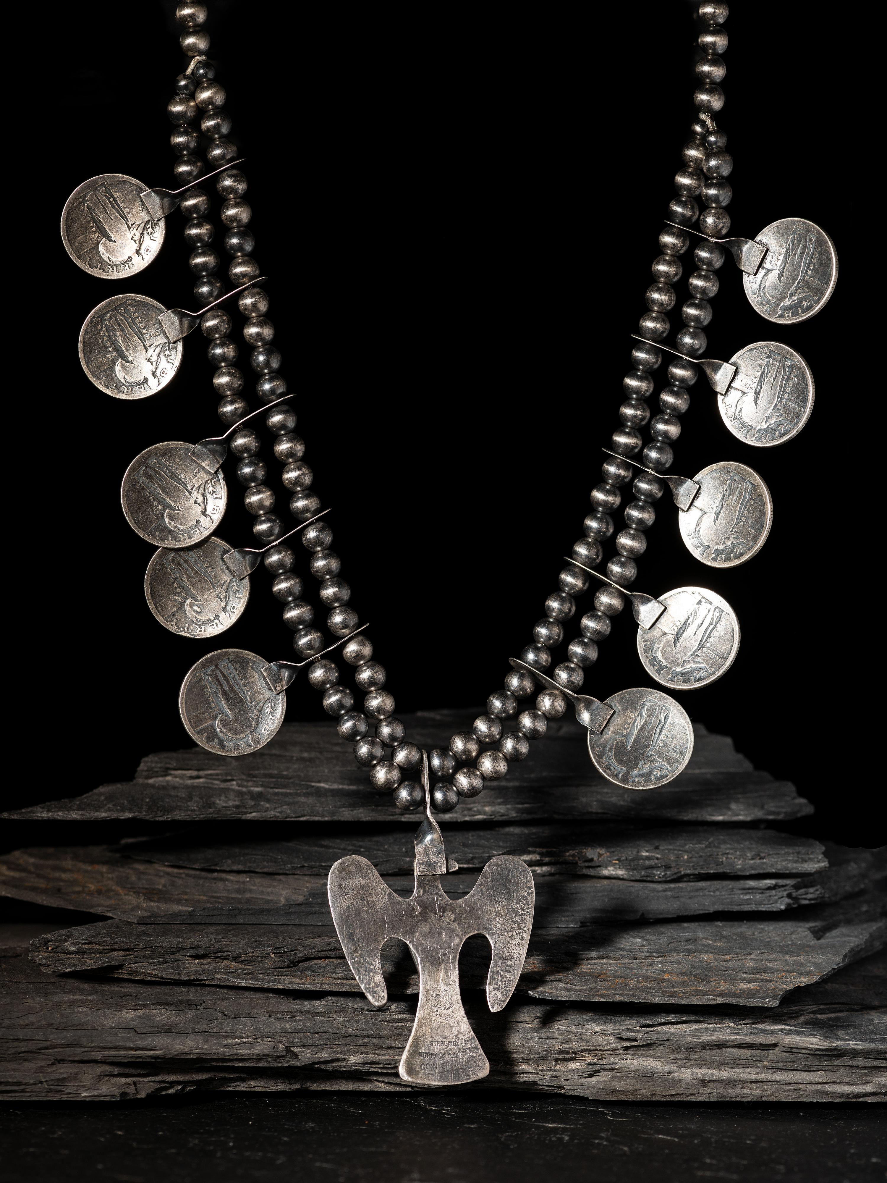Taos Coin Silver Thunderbird Squash Blossom Necklace