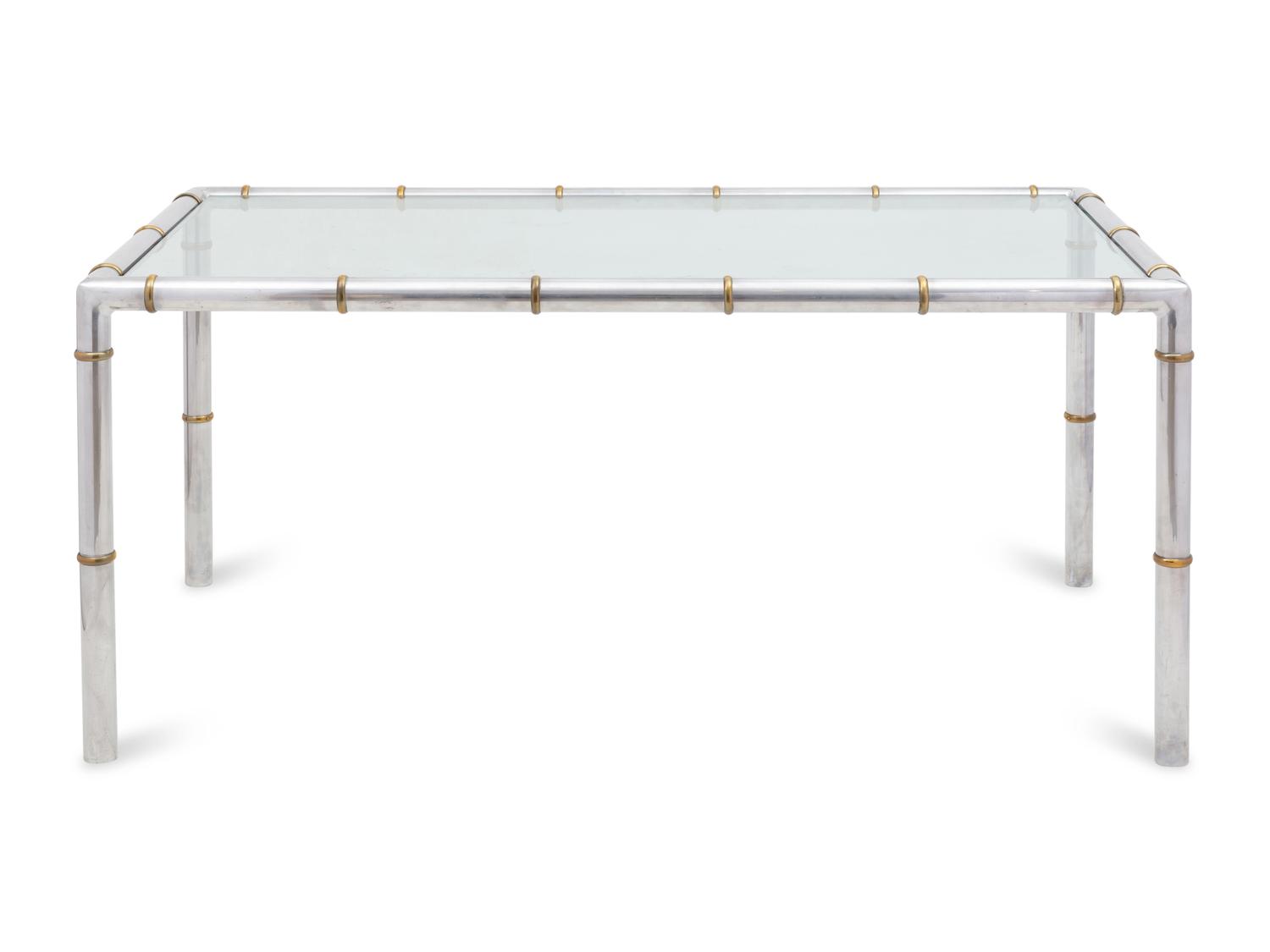 A Brass Mounted Aluminum Glass-Top Dining Table