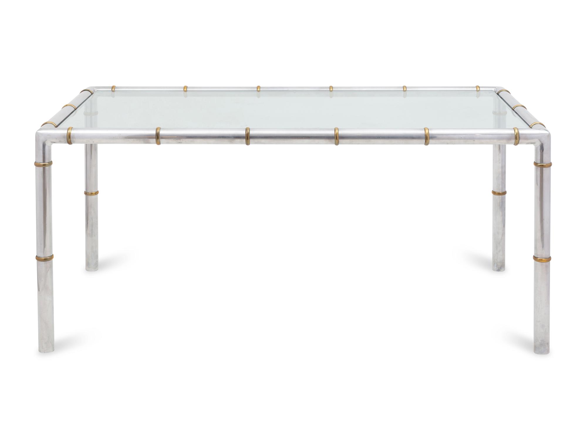 A Brass Mounted Aluminum Glass-Top Dining Table