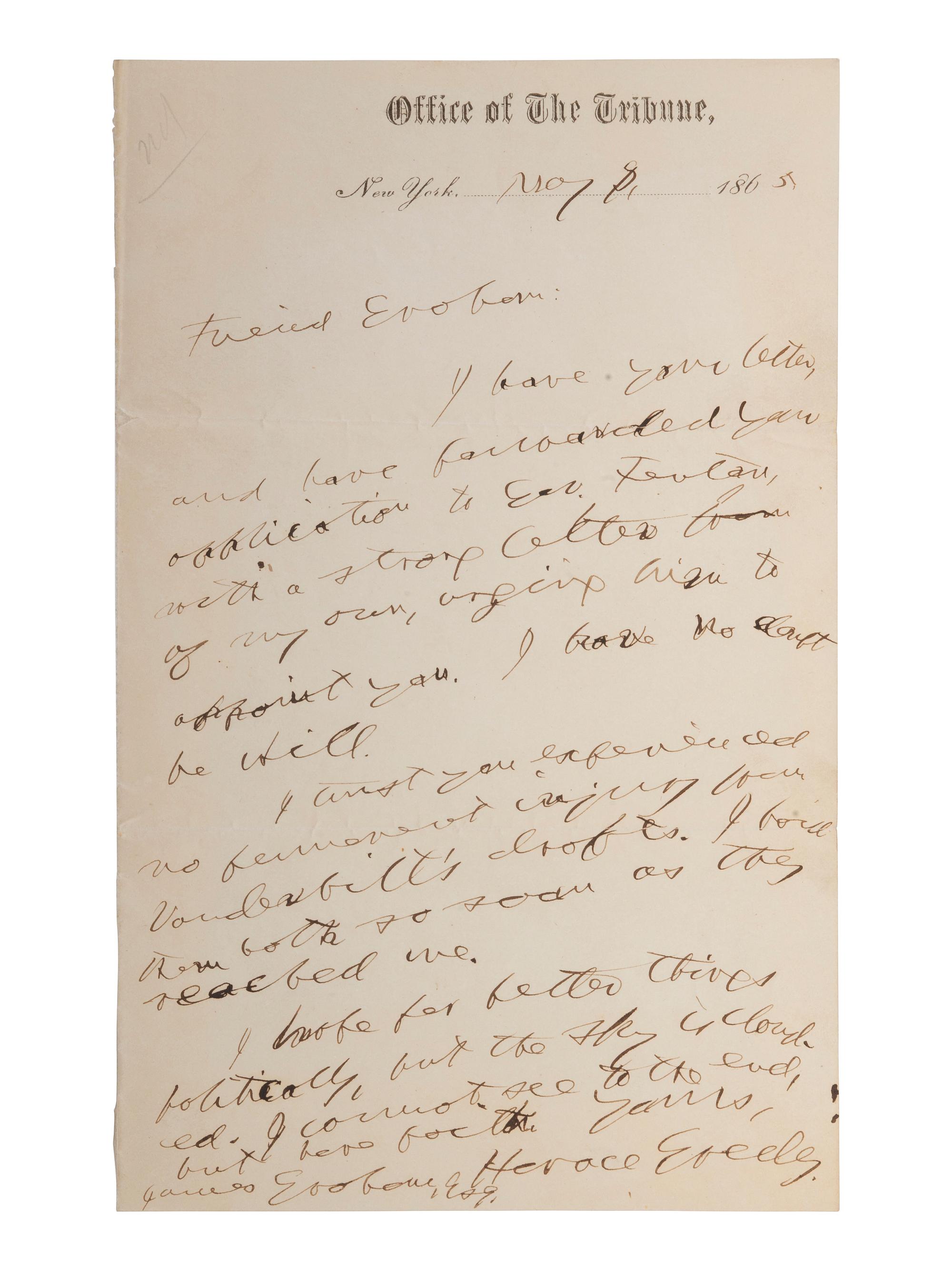 GREELEY, Horace (1811-1872). Autograph letter signed ("Horace Greeley"). New York, 8 May 1865.