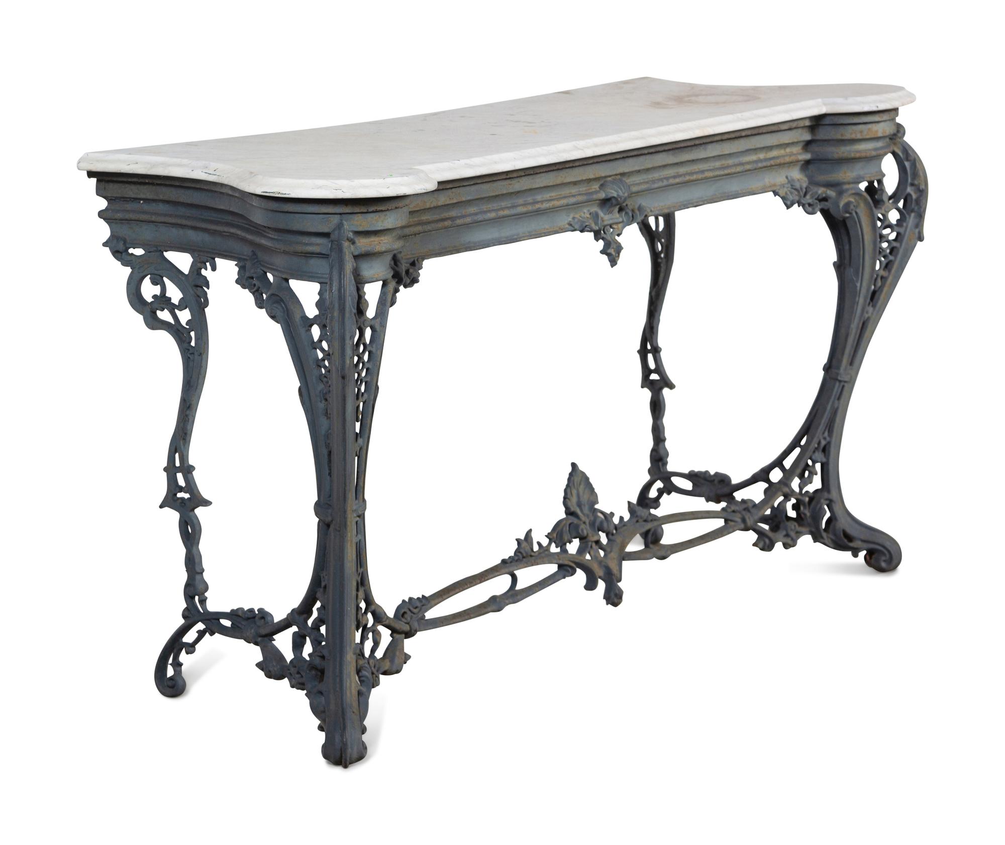 A Continental Patinated Cast Iron Marble-Top Console Table