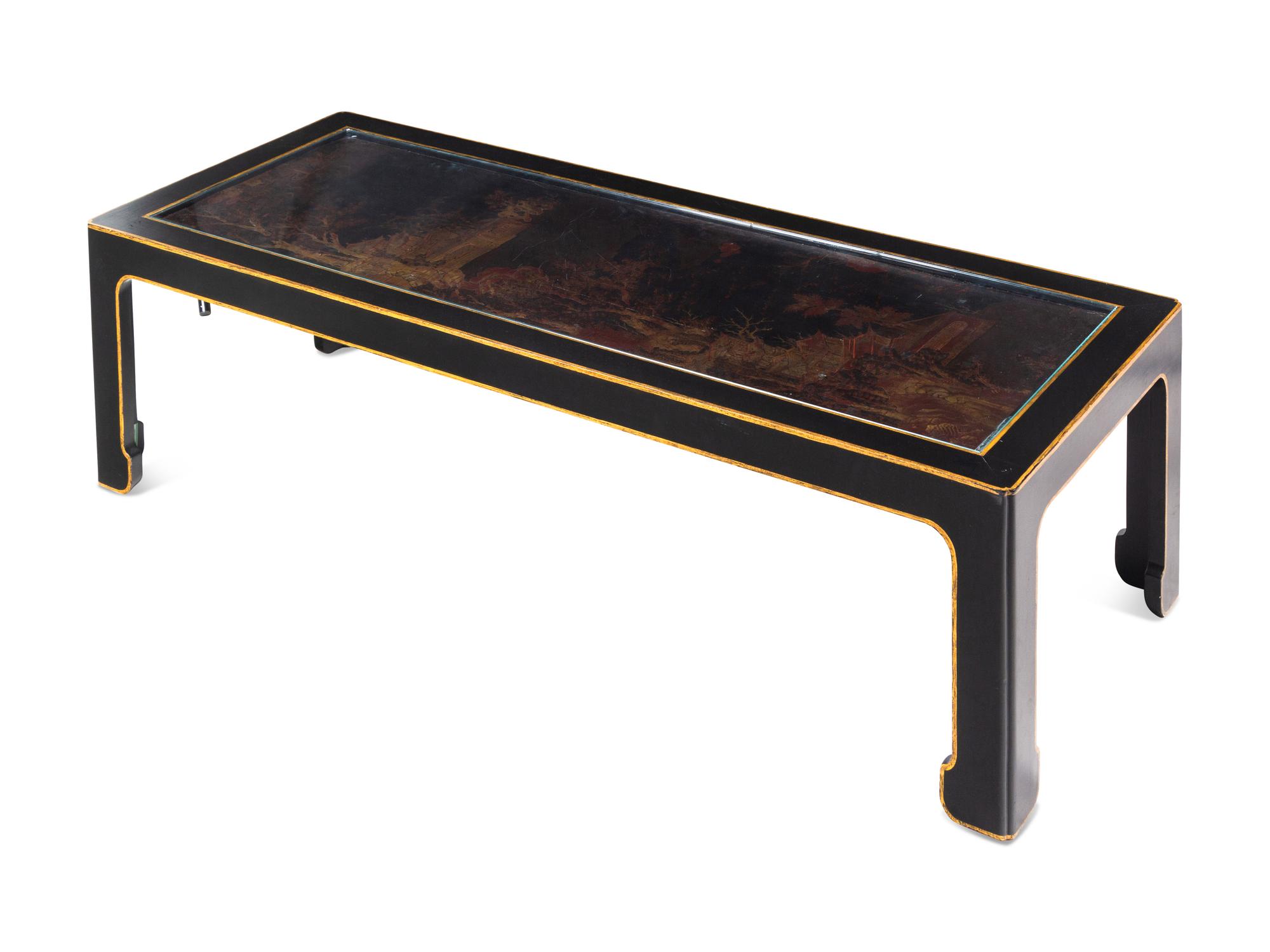 A Chinese Export Black and Gold Lacquer Panel-Inset Low Table
