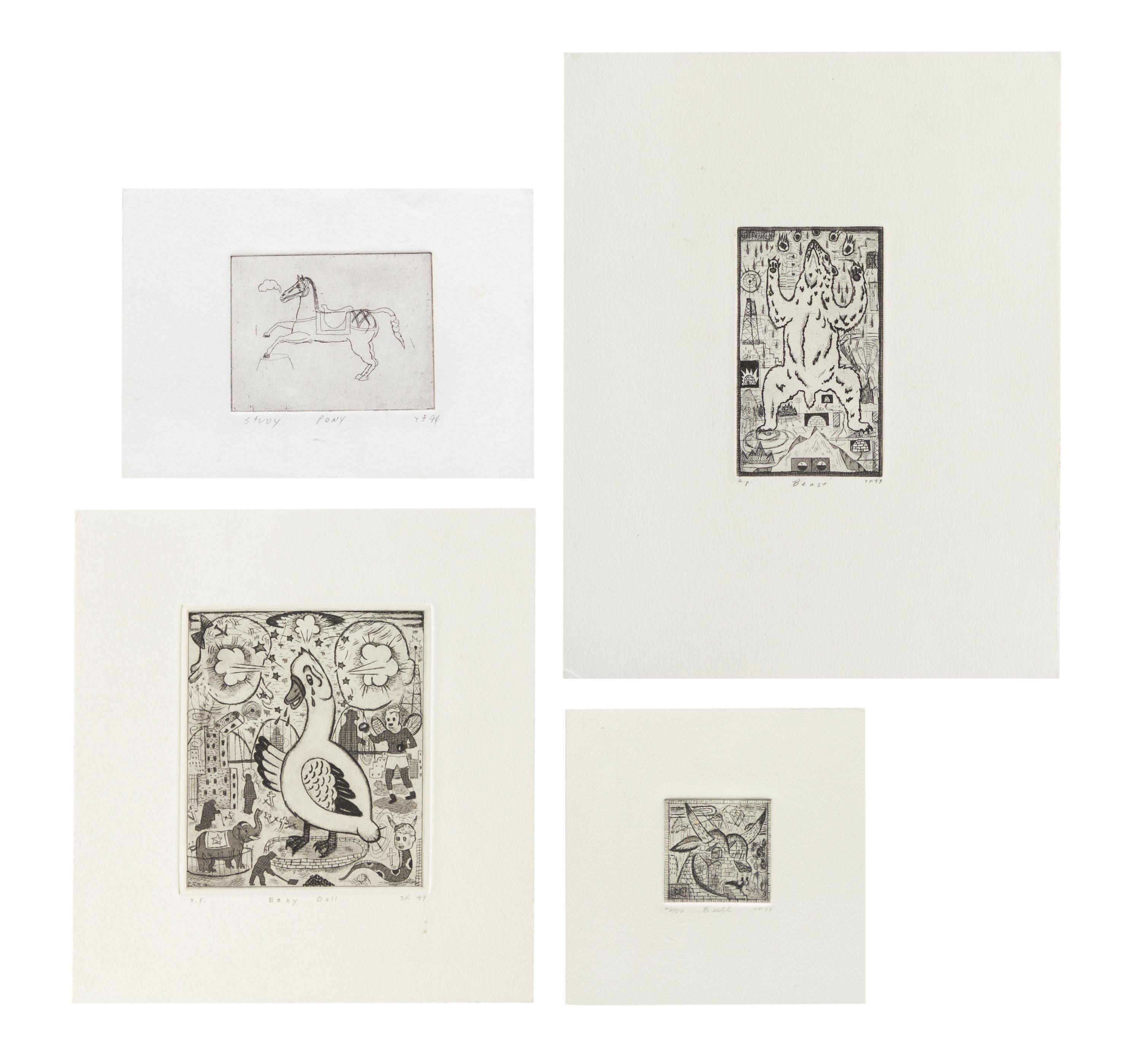 Tony Fitzpatrick, (American, 1958), Pony, Bull, Baby Doll, and Beast (a group of 4)