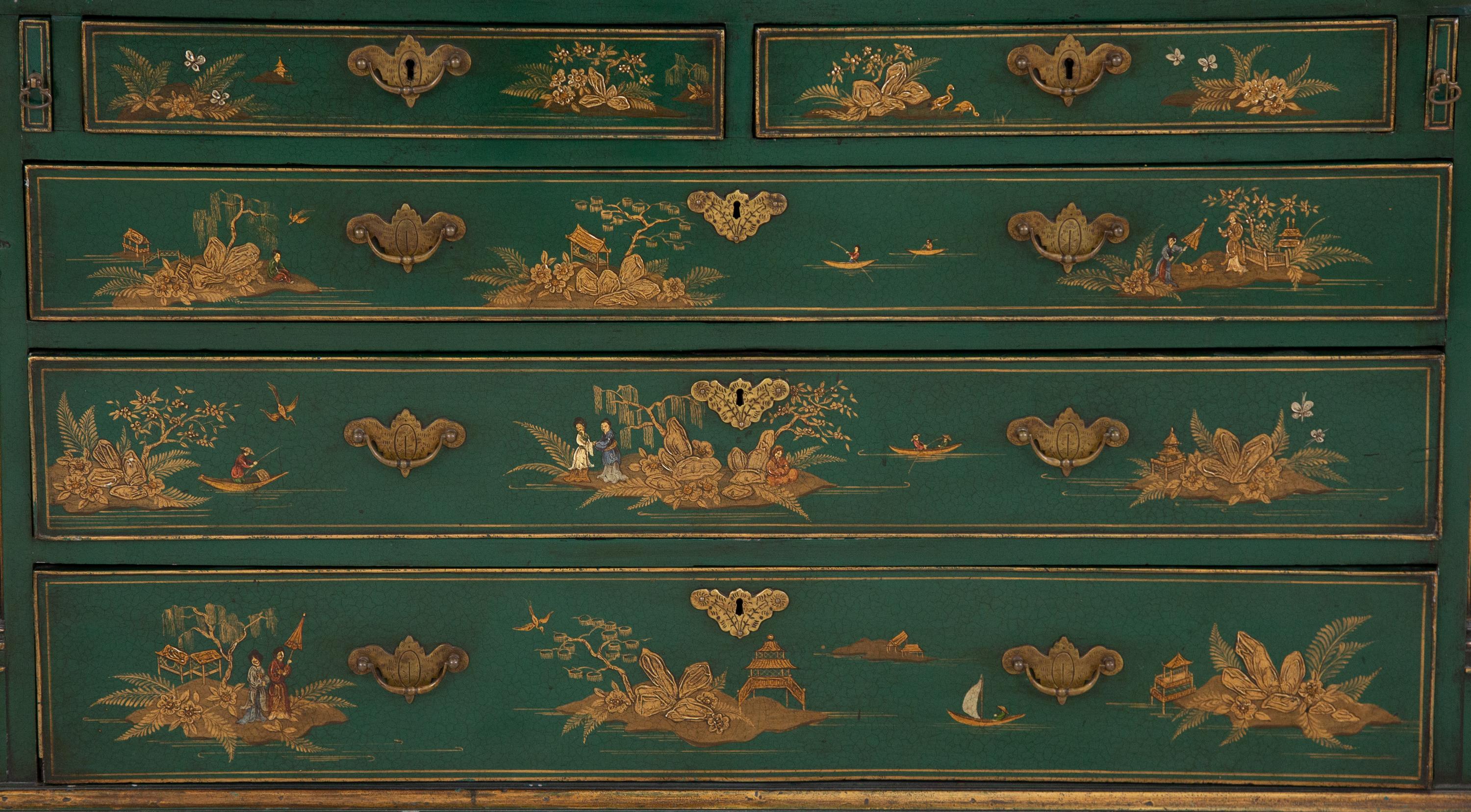A George II Style Green Japanned Bureau Cabinet