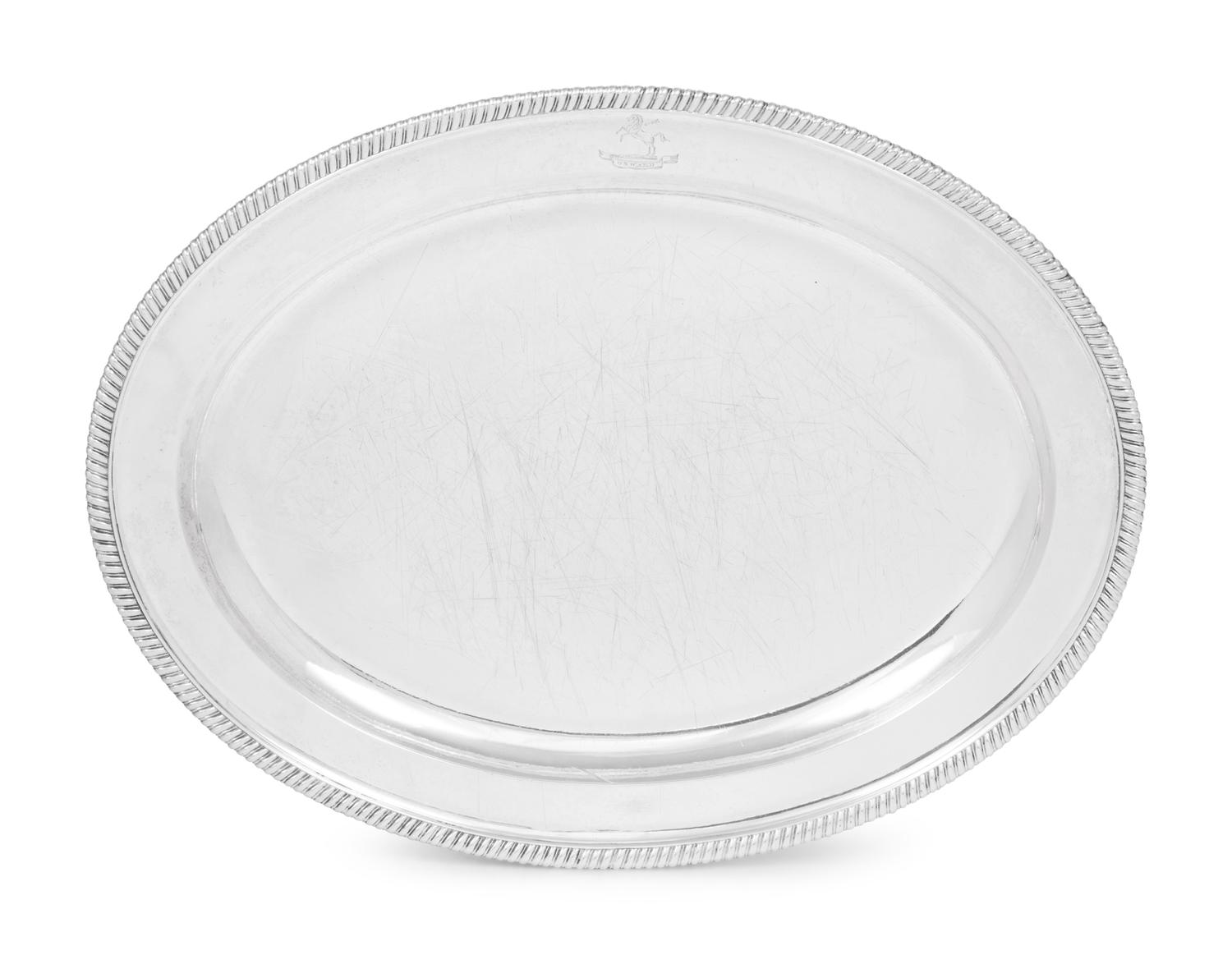 A George III Silver Meat Platter with Engraved Crest and Motto