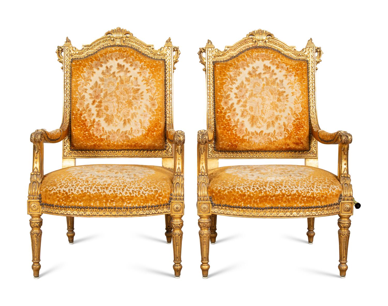 A Pair of Louis XVI Style Giltwood Fauteuils a la Reine