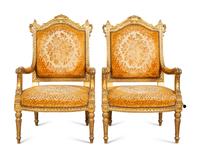 A Pair of Louis XVI Style Giltwood Fauteuils a la Reine
