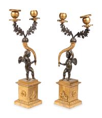 A Pair of Gilt and Patinated Bronze Figural Two-Light Candelabra